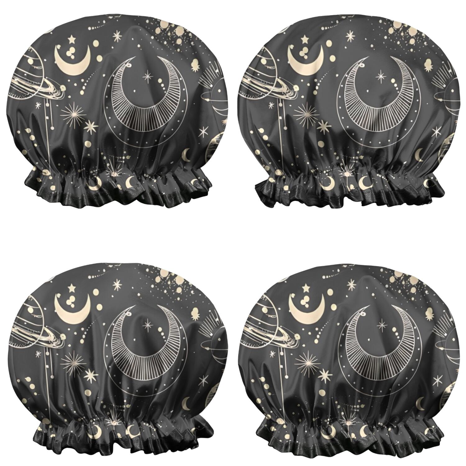 Shower Caps,Black Gothic Sun Planet Pattern Waterproof Shower Cap for Women 4 Pieces,Double Reusable Hair Cover for Shower PEVA Elastic Stretch Hem