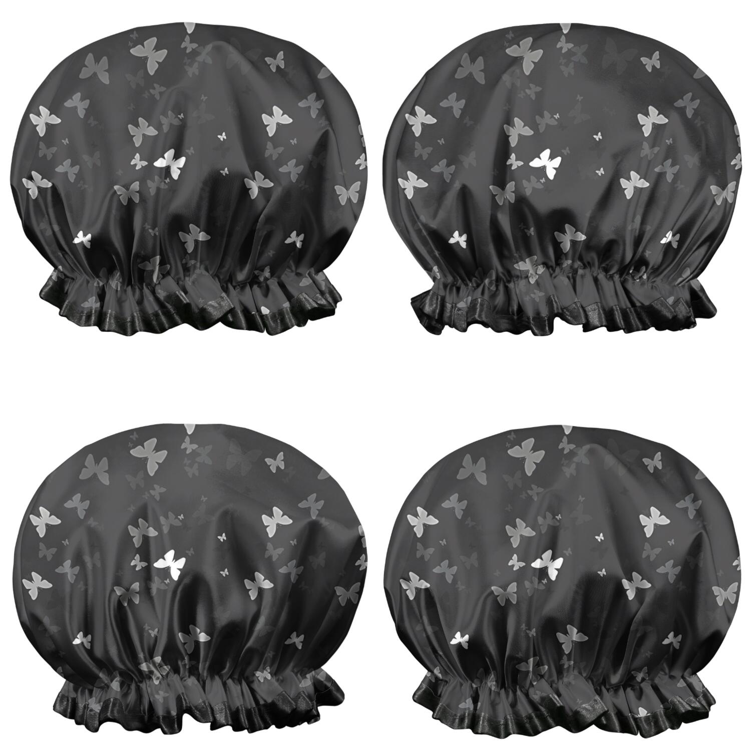 Shower Caps,Black Gray Butterfly Pattern Waterproof Shower Cap for Women 4 Pieces,Double Reusable Hair Cover for Shower PEVA Elastic Stretch Hem