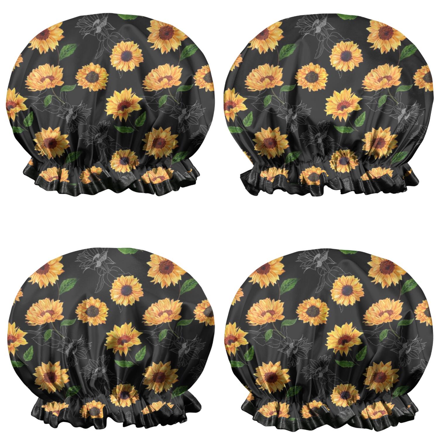 Shower Caps,Black Green Leaf Sunflower Pattern Waterproof Shower Cap for Women 4 Pieces,Double Reusable Hair Cover for Shower PEVA Elastic Stretch Hem