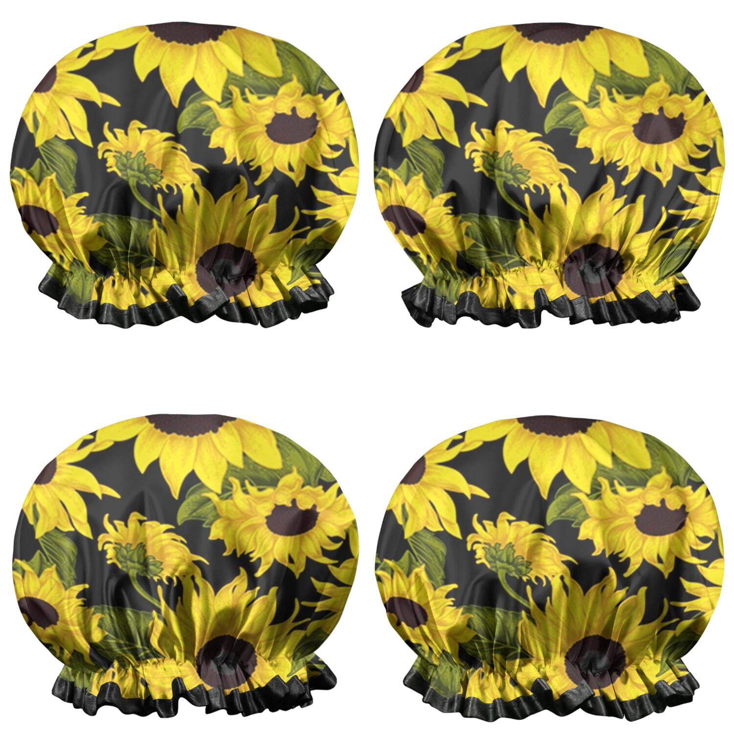 Shower Caps,Black Green Stem Sunflower Pattern Waterproof Shower Cap for Women 4 Pieces,Double Reusable Hair Cover for Shower PEVA Elastic Stretch Hem