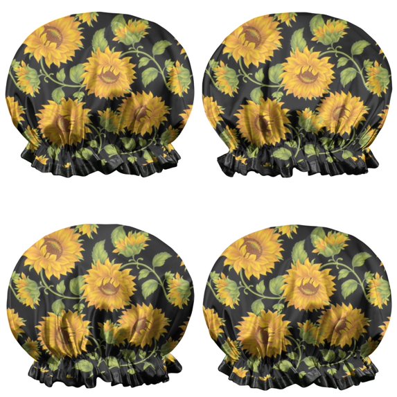 Shower Caps,Black Green Stem Sunflower Pattern Waterproof Shower Cap for Women 4 Pieces,Double Reusable Hair Cover for Shower PEVA Elastic Stretch Hem