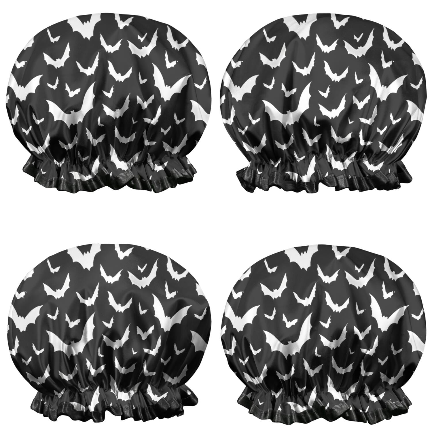 Shower Caps,Black Halloween Bat Silhouettes Waterproof Shower Cap for Women 4 Pieces,Double Reusable Hair Cover for Shower PEVA Elastic Stretch Hem