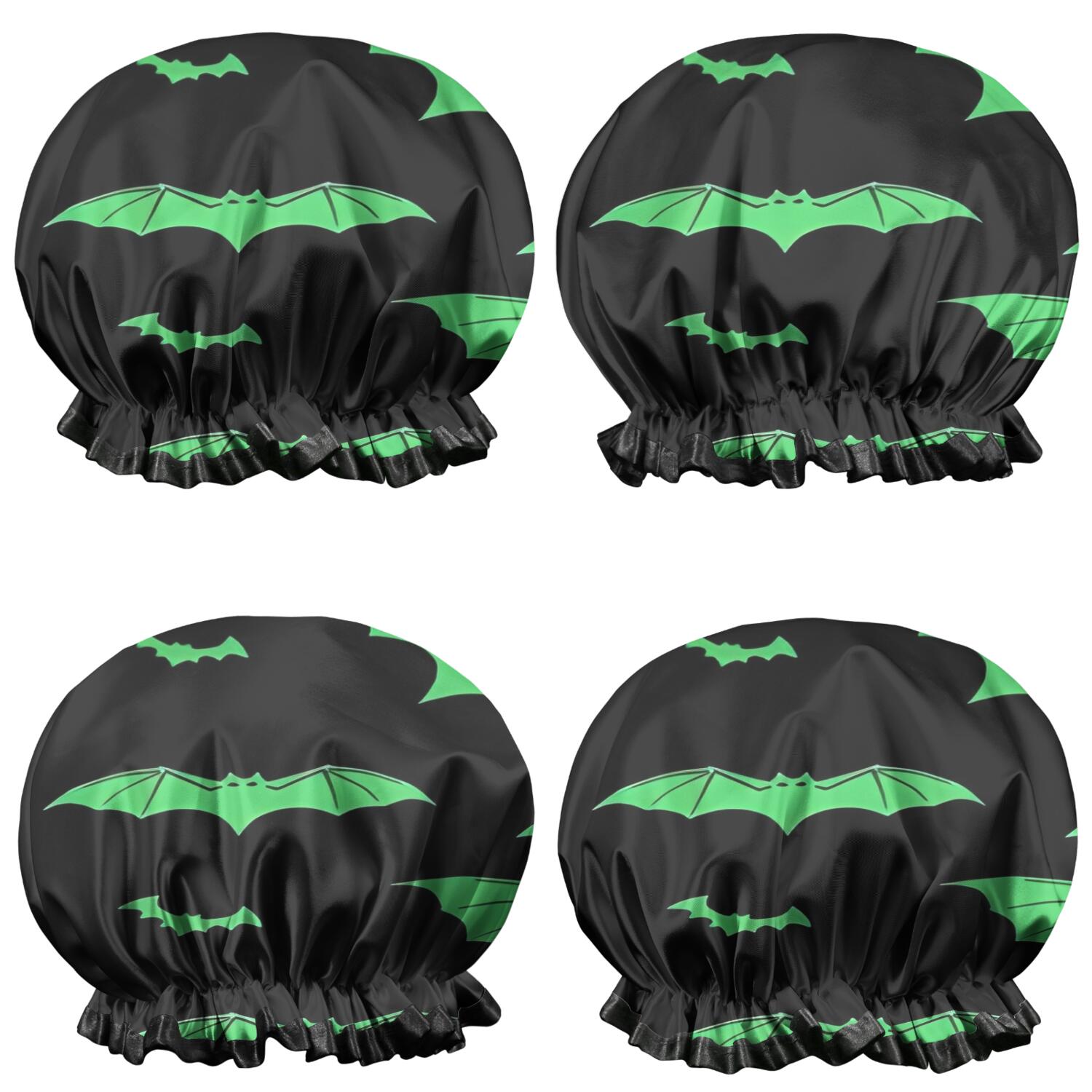 Shower Caps,Black Halloween Bats with Green Waterproof Shower Cap for Women 4 Pieces,Double Reusable Hair Cover for Shower PEVA Elastic Stretch Hem