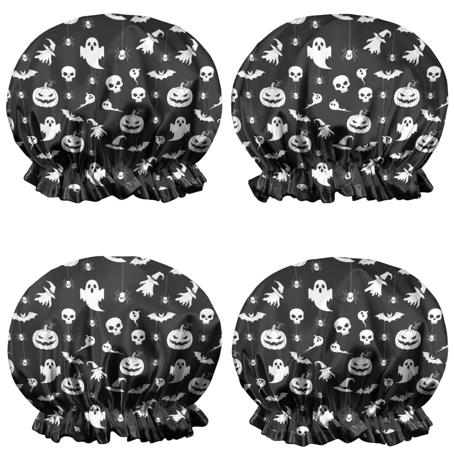 Shower Caps,Black Halloween Ghost Pumpkin Pattern Waterproof Shower Cap for Women 4 Pieces,Double Reusable Hair Cover for Shower PEVA Elastic Stretch Hem