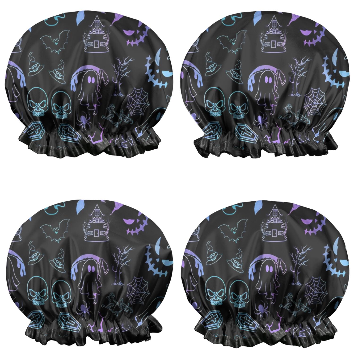 Shower Caps,Black Halloween Ghost Spider Pattern Waterproof Shower Cap for Women 4 Pieces,Double Reusable Hair Cover for Shower PEVA Elastic Stretch Hem