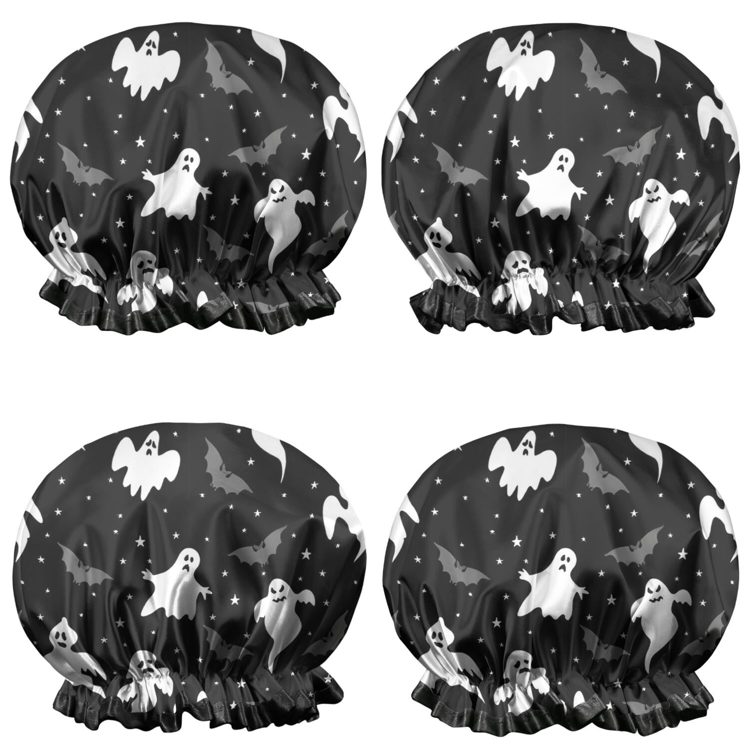 Shower Caps,Black Halloween Ghosts Bats and Stars Waterproof Shower Cap for Women 4 Pieces,Double Reusable Hair Cover for Shower PEVA Elastic Stretch Hem