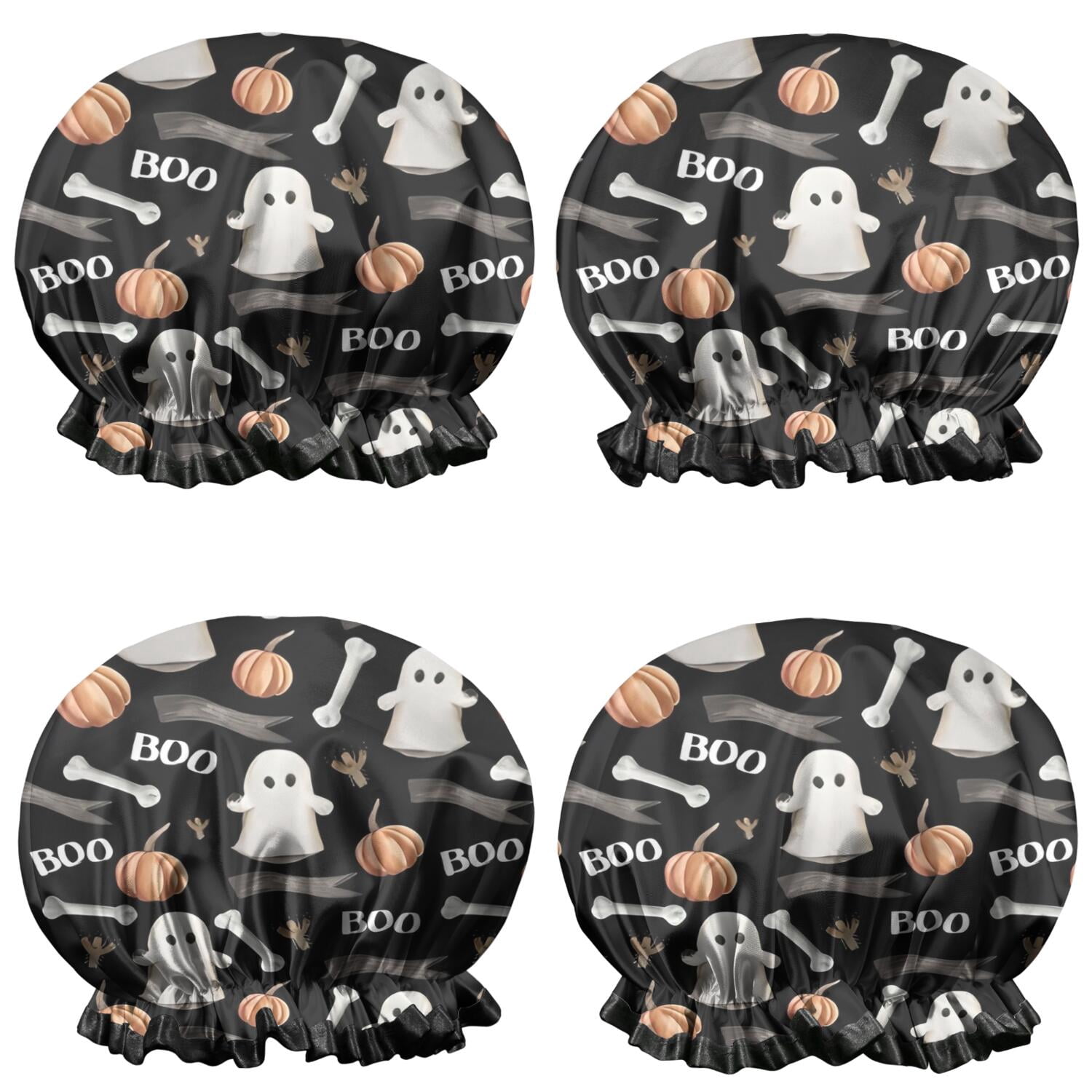 Shower Caps,Black Halloween Ghosts Pumpkins and Bones Waterproof Shower Cap for Women 4 Pieces,Double Reusable Hair Cover for Shower PEVA Elastic Stretch Hem