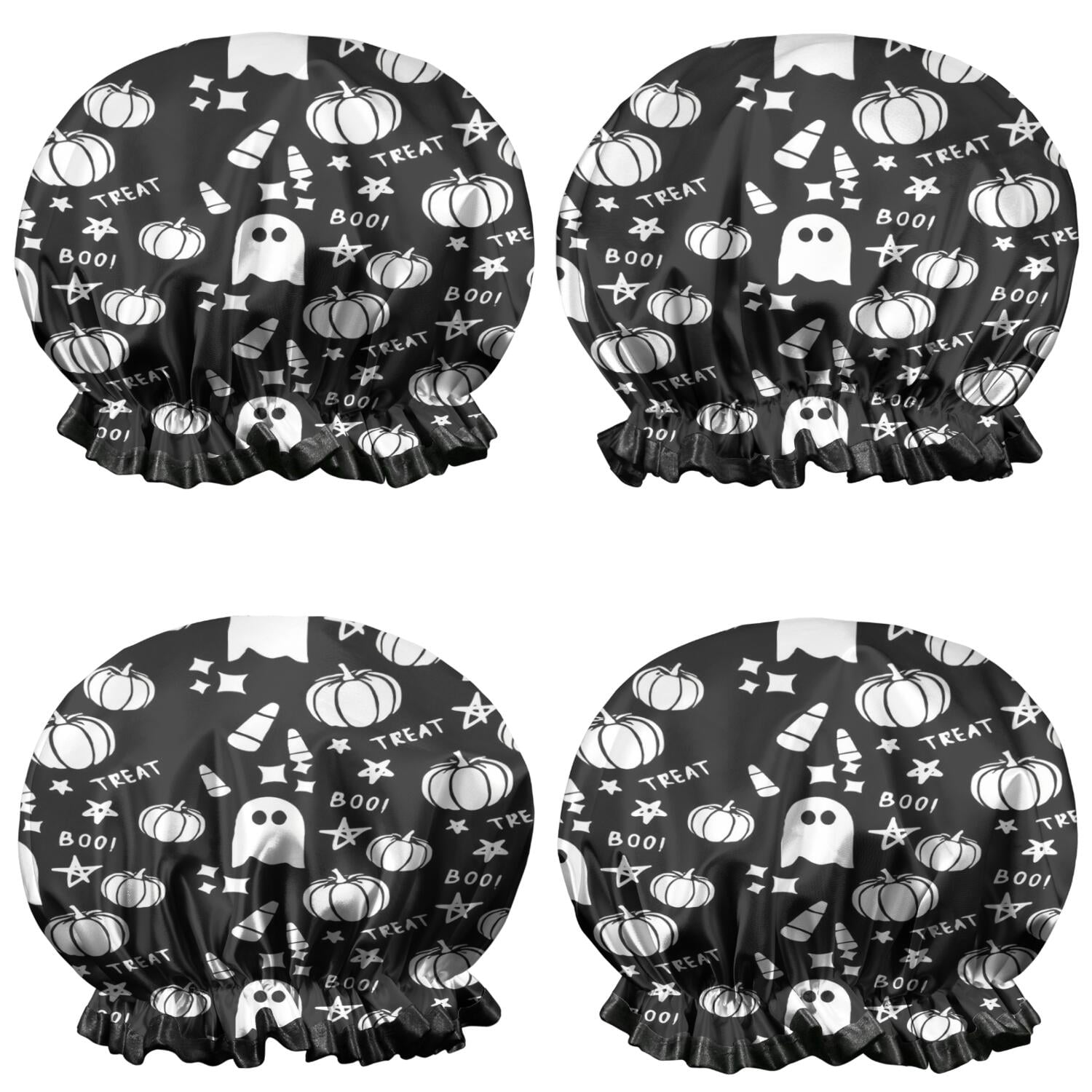 Shower Caps,Black Halloween Ghosts Pumpkins and Stars Waterproof Shower Cap for Women 4 Pieces,Double Reusable Hair Cover for Shower PEVA Elastic Stretch Hem