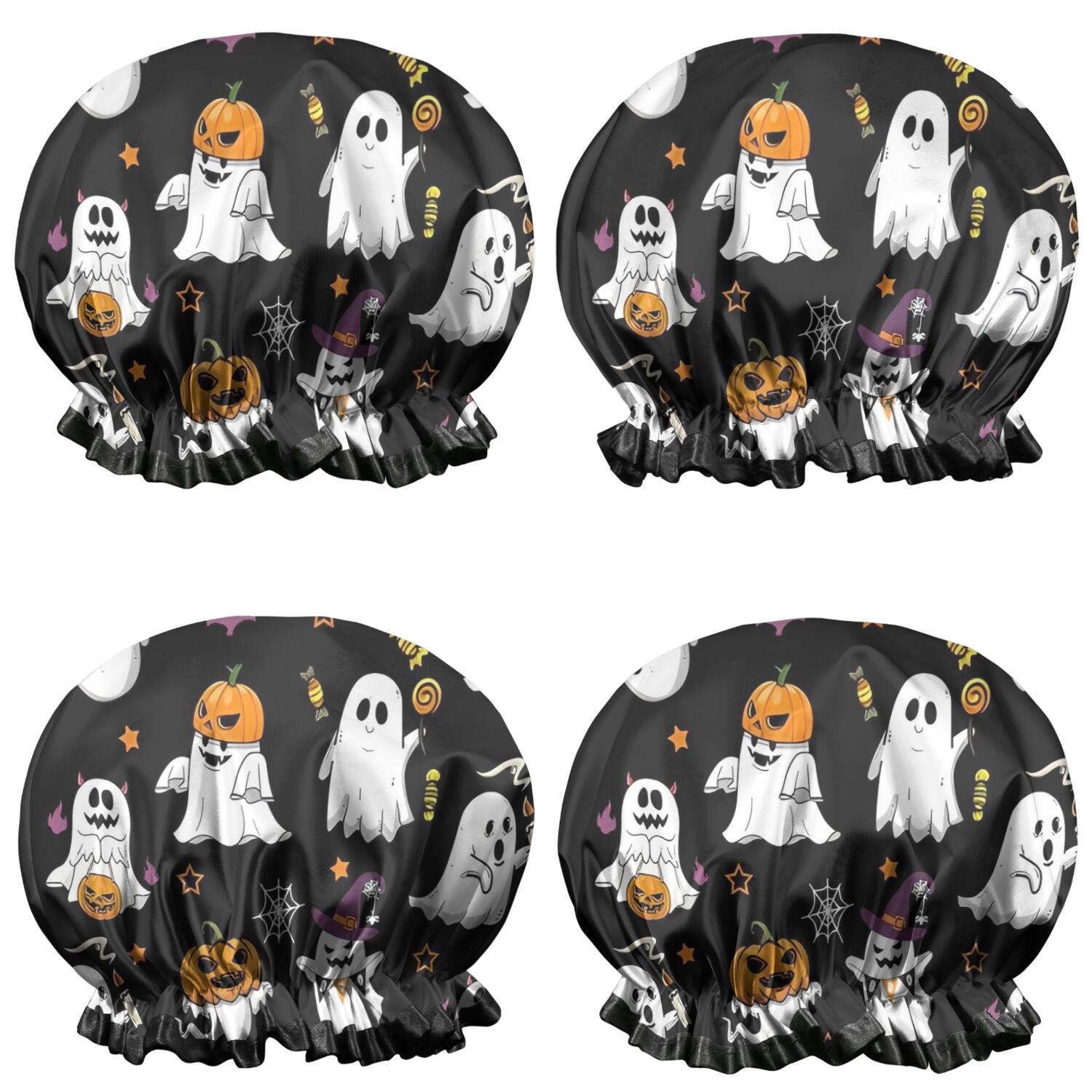 Shower Caps,Black Halloween Ghosts and Pumpkins Waterproof Shower Cap for Women 4 Pieces,Double Reusable Hair Cover for Shower PEVA Elastic Stretch Hem