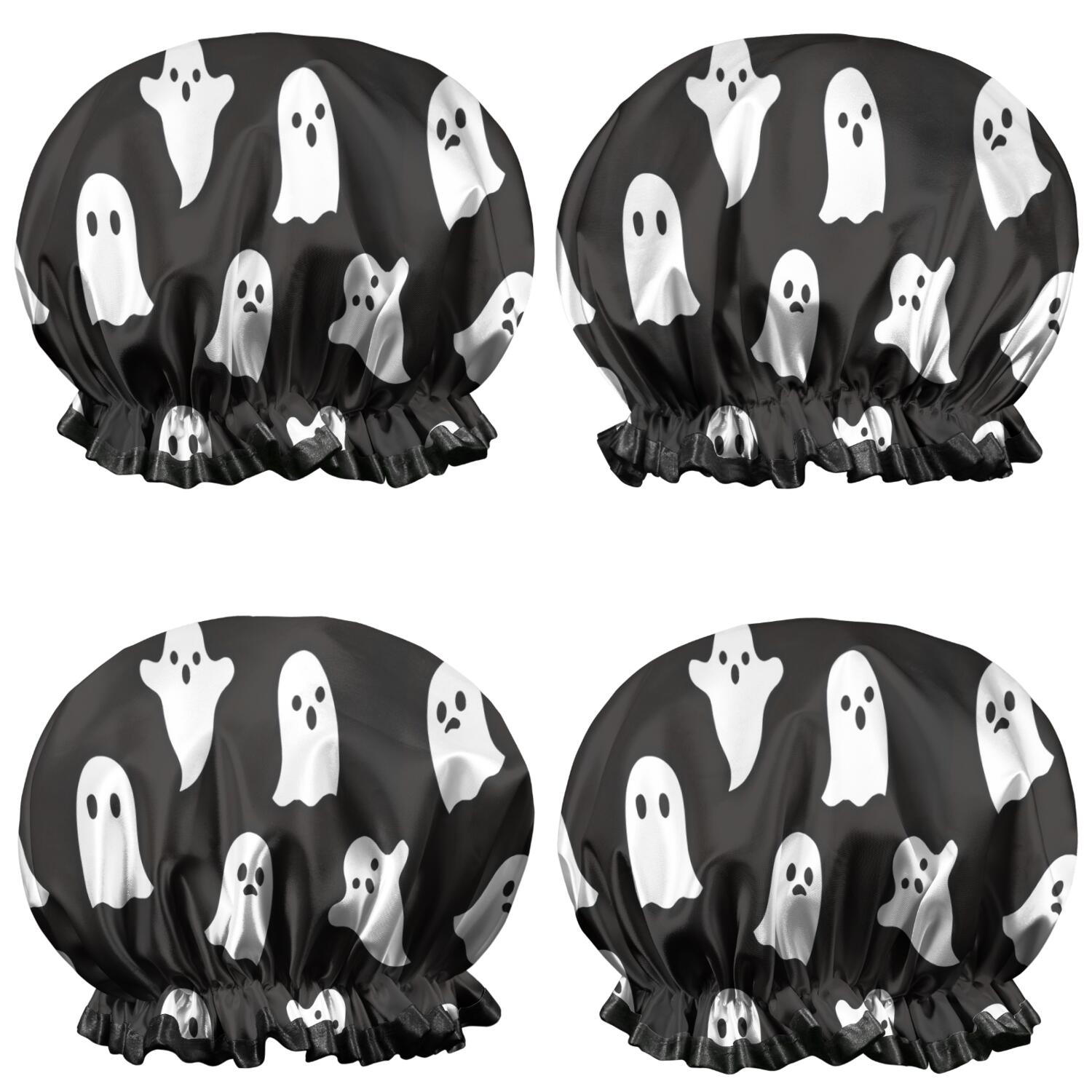 Shower Caps,Black Halloween Ghosts Waterproof Shower Cap for Women 4 Pieces,Double Reusable Hair Cover for Shower PEVA Elastic Stretch Hem