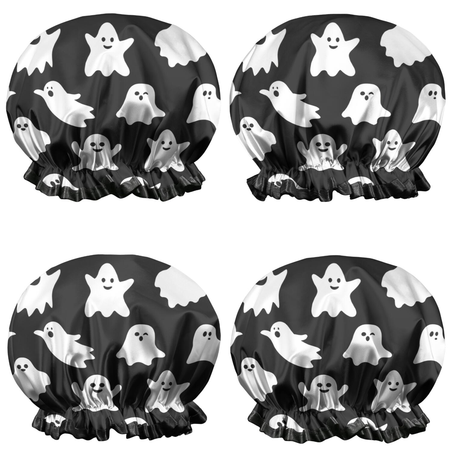 Shower Caps,Black Halloween Ghosts Waterproof Shower Cap for Women 4 Pieces,Double Reusable Hair Cover for Shower PEVA Elastic Stretch Hem