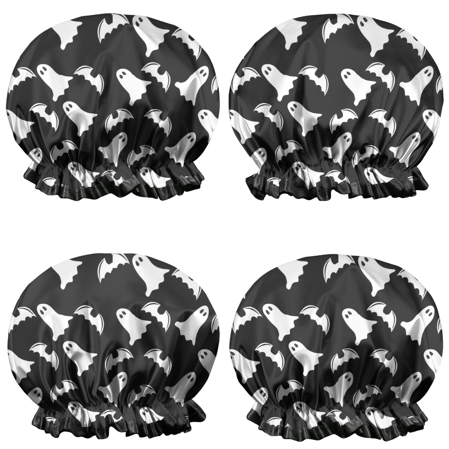 Shower Caps,Black Halloween Ghosts and Bats Waterproof Shower Cap for Women 4 Pieces,Double Reusable Hair Cover for Shower PEVA Elastic Stretch Hem