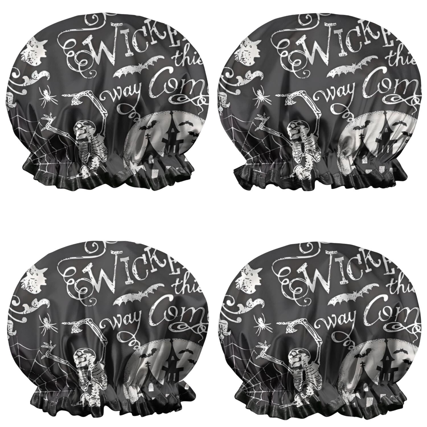 Shower Caps,Black Halloween Letter Bat Pattern Waterproof Shower Cap for Women 4 Pieces,Double Reusable Hair Cover for Shower PEVA Elastic Stretch Hem