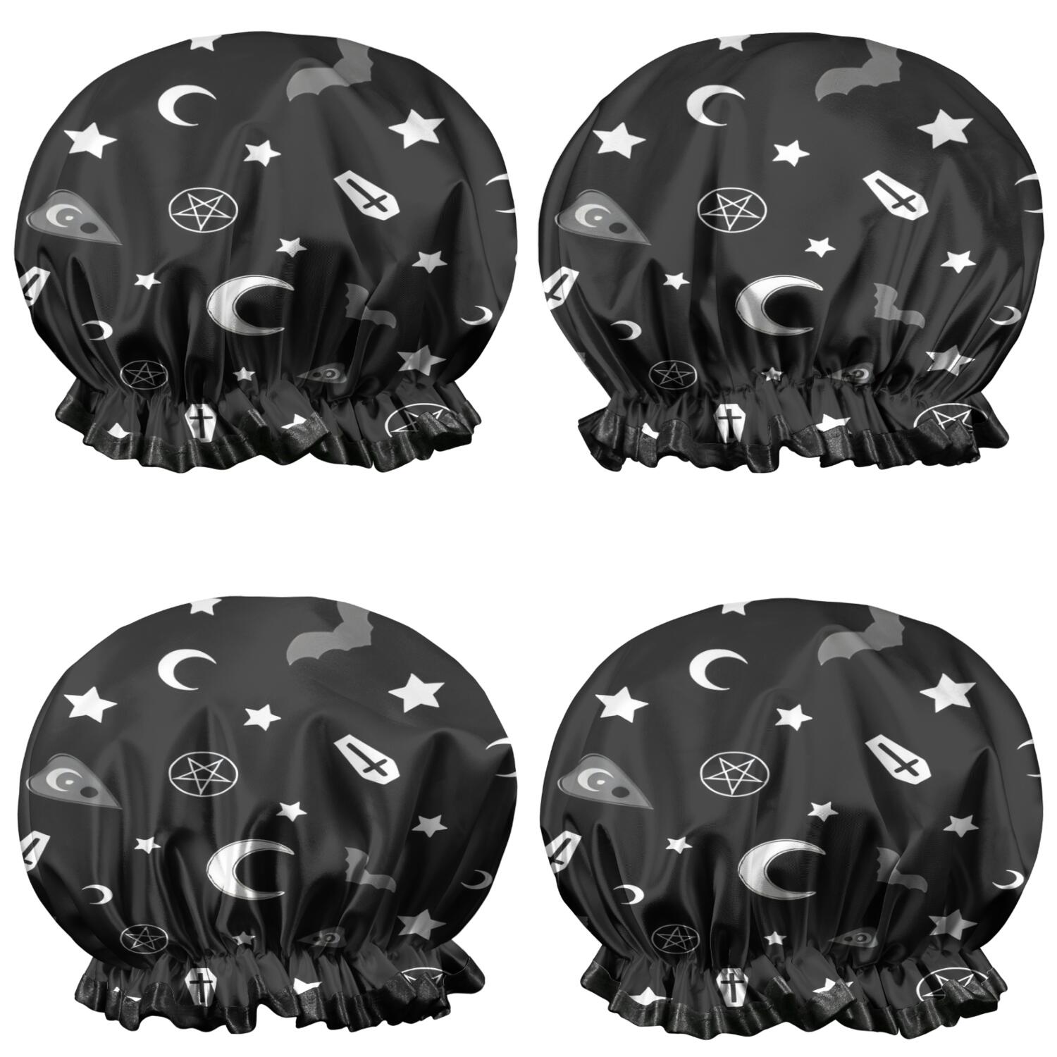 Shower Caps,Black Halloween Occult Patterns Waterproof Shower Cap for Women 4 Pieces,Double Reusable Hair Cover for Shower PEVA Elastic Stretch Hem