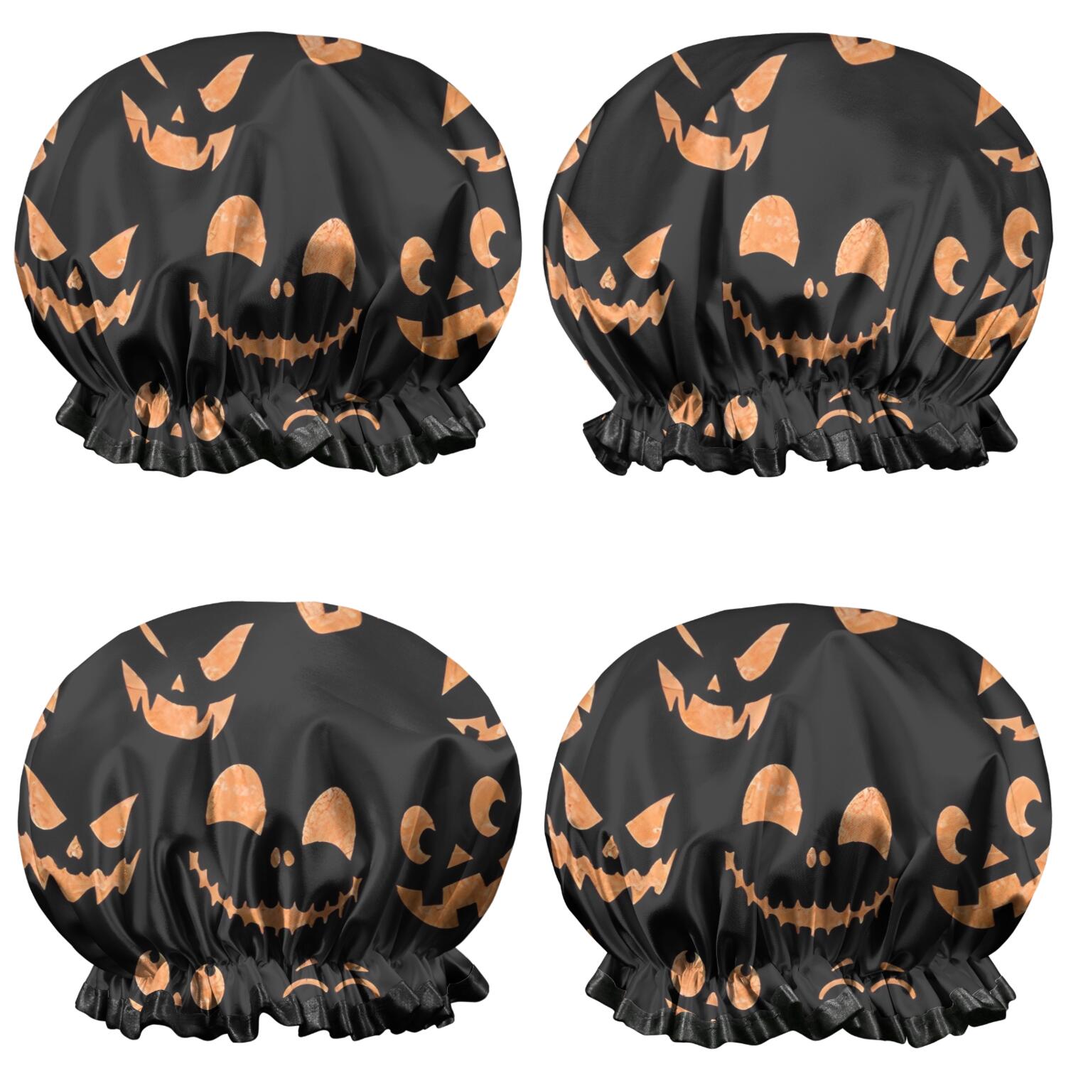 Shower Caps,Black Halloween Pumpkin Faces Waterproof Shower Cap for Women 4 Pieces,Double Reusable Hair Cover for Shower PEVA Elastic Stretch Hem