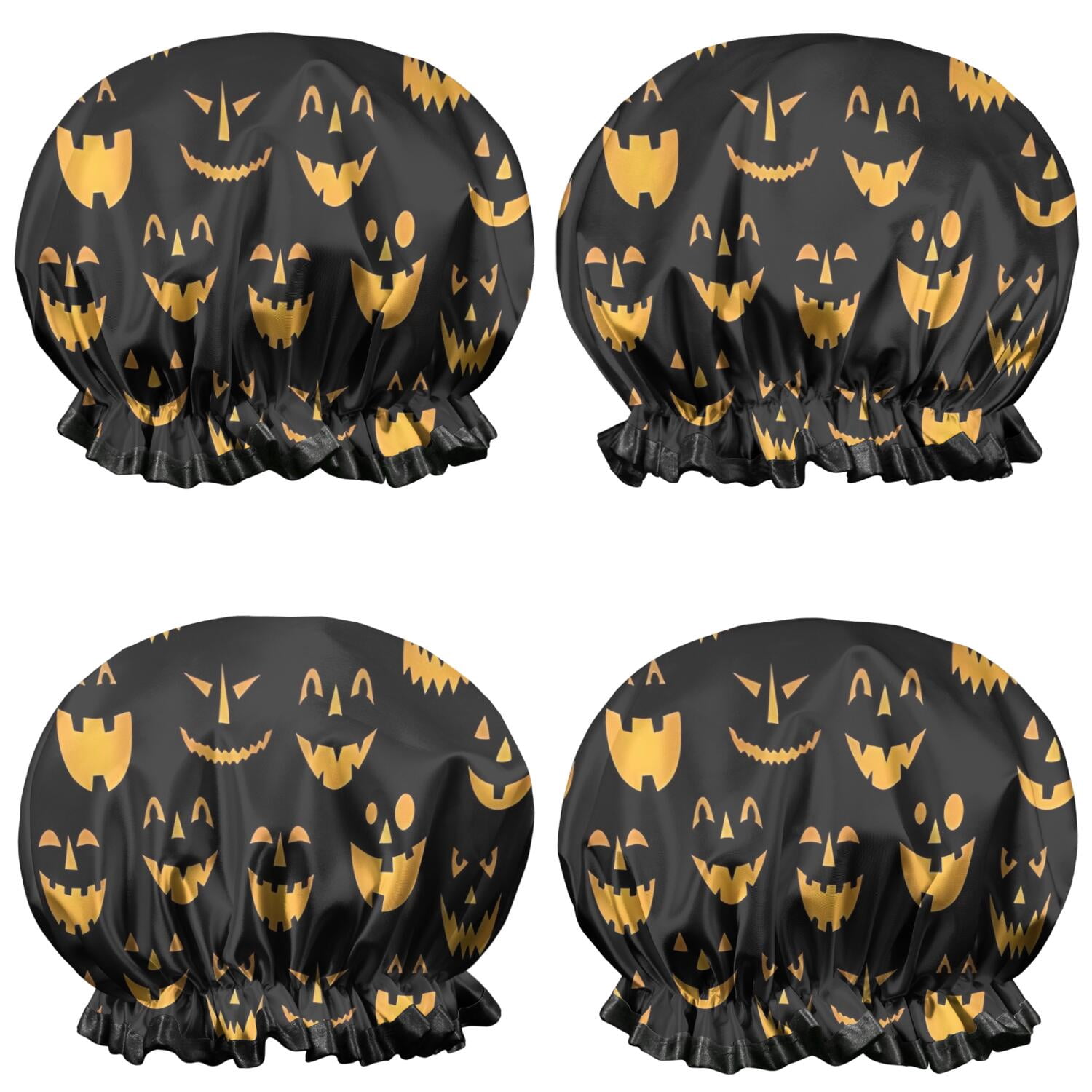 Shower Caps,Black Halloween Pumpkin Faces Waterproof Shower Cap for Women 4 Pieces,Double Reusable Hair Cover for Shower PEVA Elastic Stretch Hem