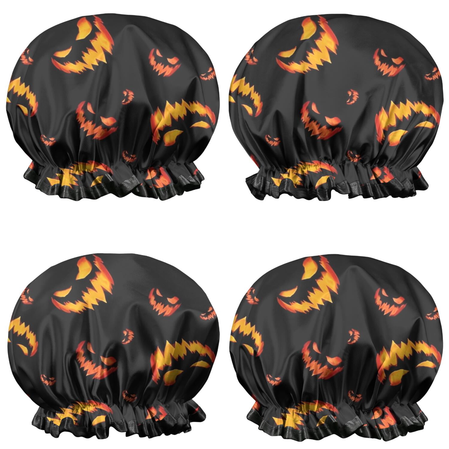 Shower Caps,Black Halloween Pumpkin Faces Waterproof Shower Cap for Women 4 Pieces,Double Reusable Hair Cover for Shower PEVA Elastic Stretch Hem