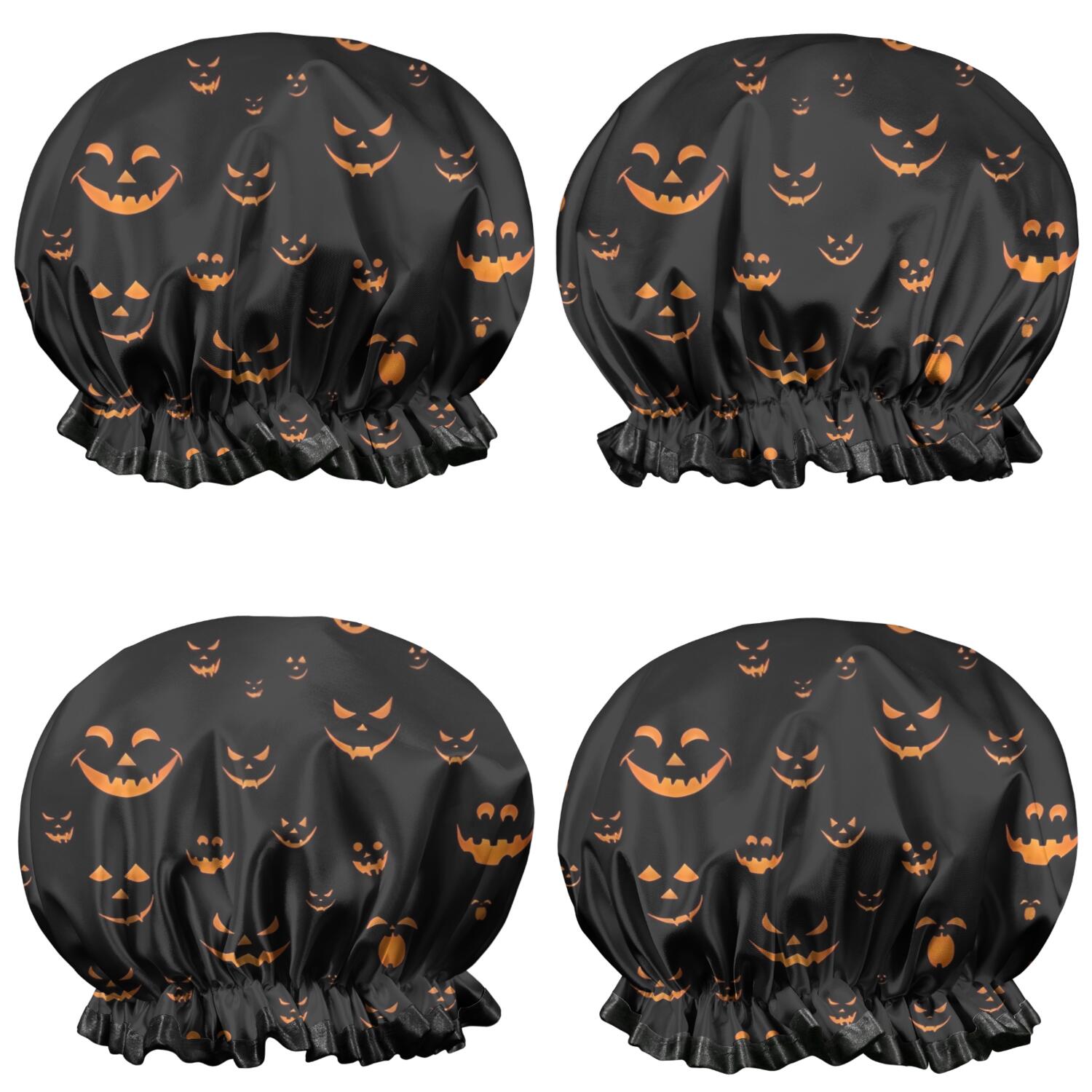 Shower Caps,Black Halloween Pumpkin Faces Waterproof Shower Cap for Women 4 Pieces,Double Reusable Hair Cover for Shower PEVA Elastic Stretch Hem