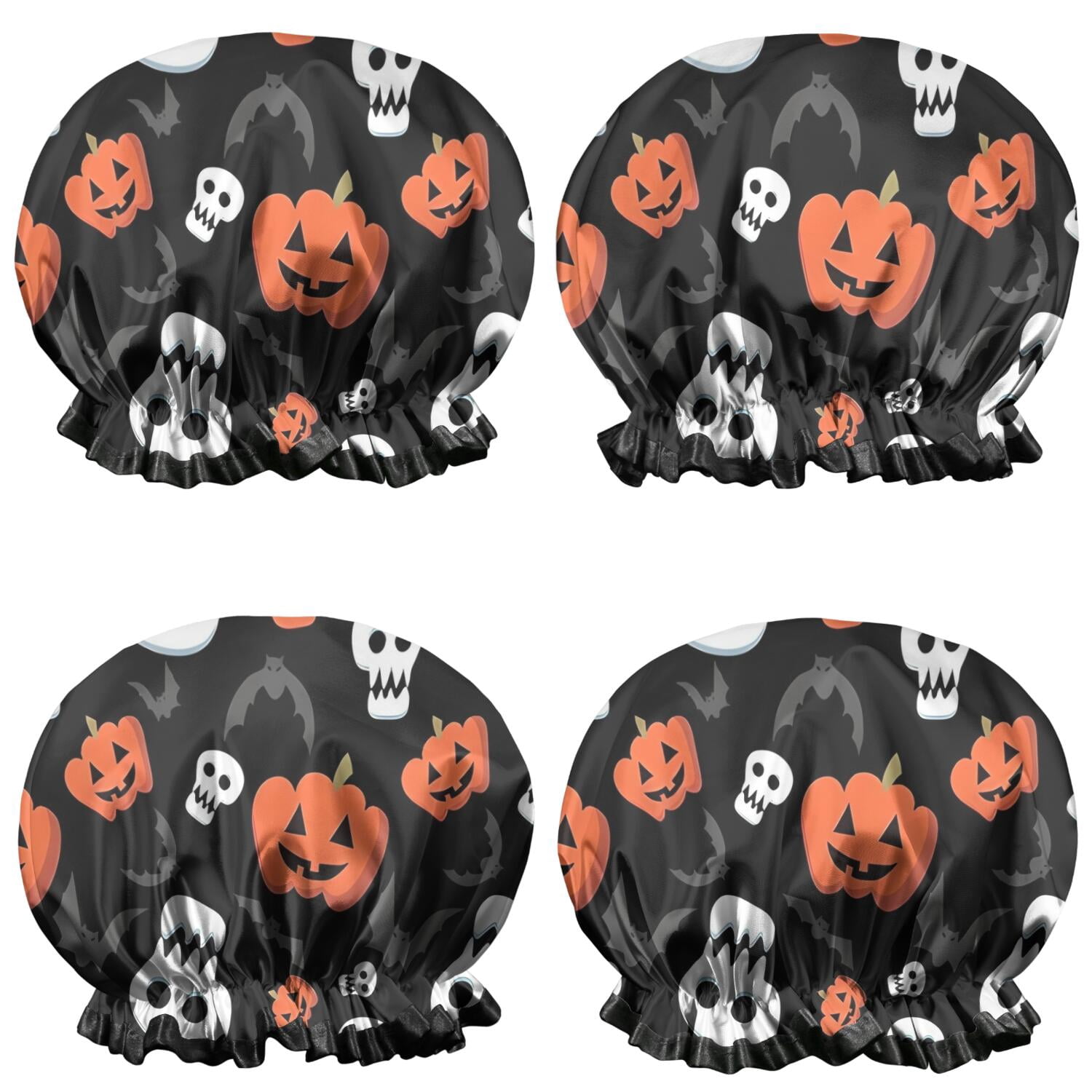 Shower Caps,Black Halloween Pumpkin Faces Waterproof Shower Cap for Women 4 Pieces,Double Reusable Hair Cover for Shower PEVA Elastic Stretch Hem