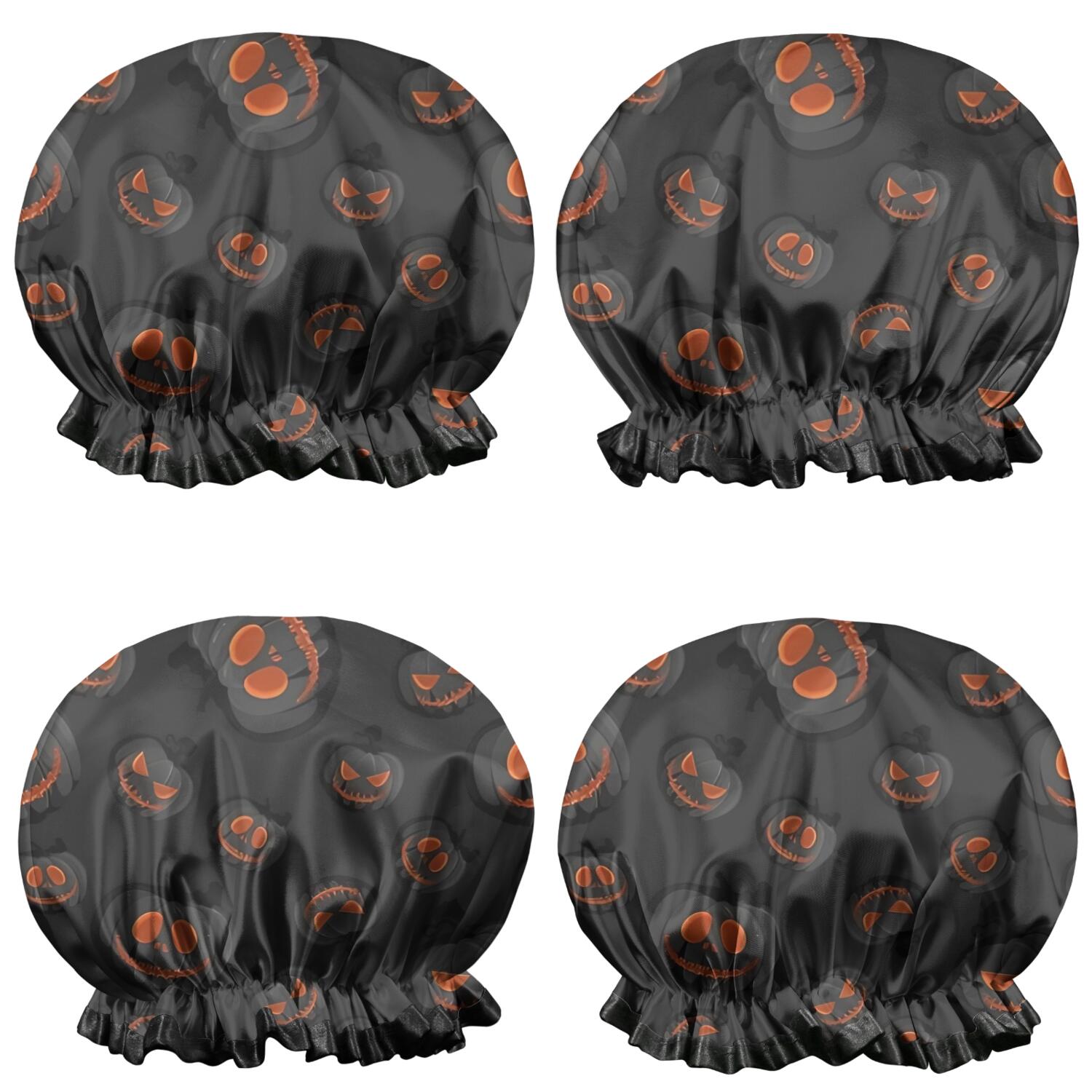 Shower Caps,Black Halloween Pumpkins Waterproof Shower Cap for Women 4 Pieces,Double Reusable Hair Cover for Shower PEVA Elastic Stretch Hem