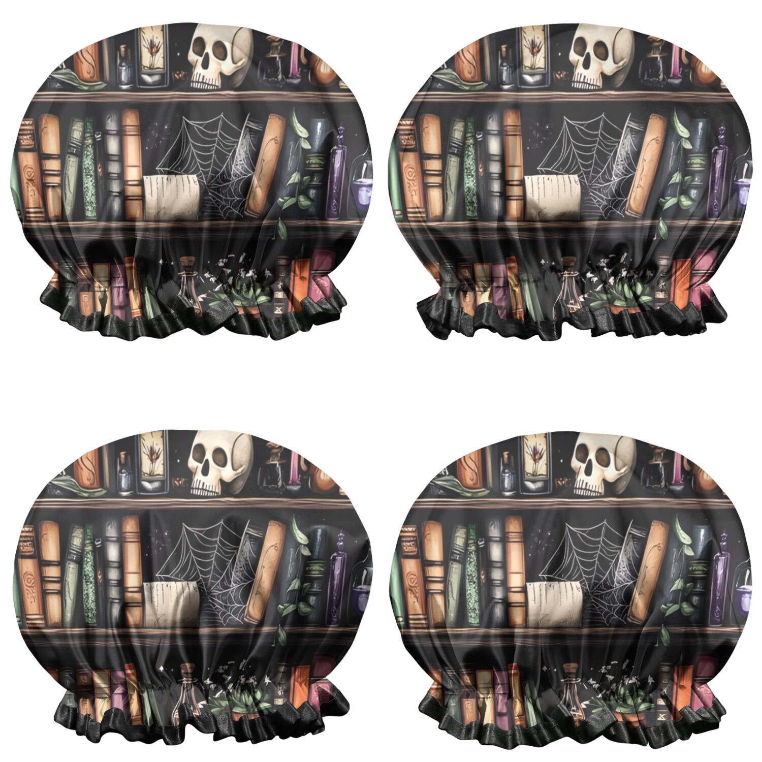 Shower Caps,Black Halloween Skull Book Pattern Waterproof Shower Cap for Women 4 Pieces,Double Reusable Hair Cover for Shower PEVA Elastic Stretch Hem