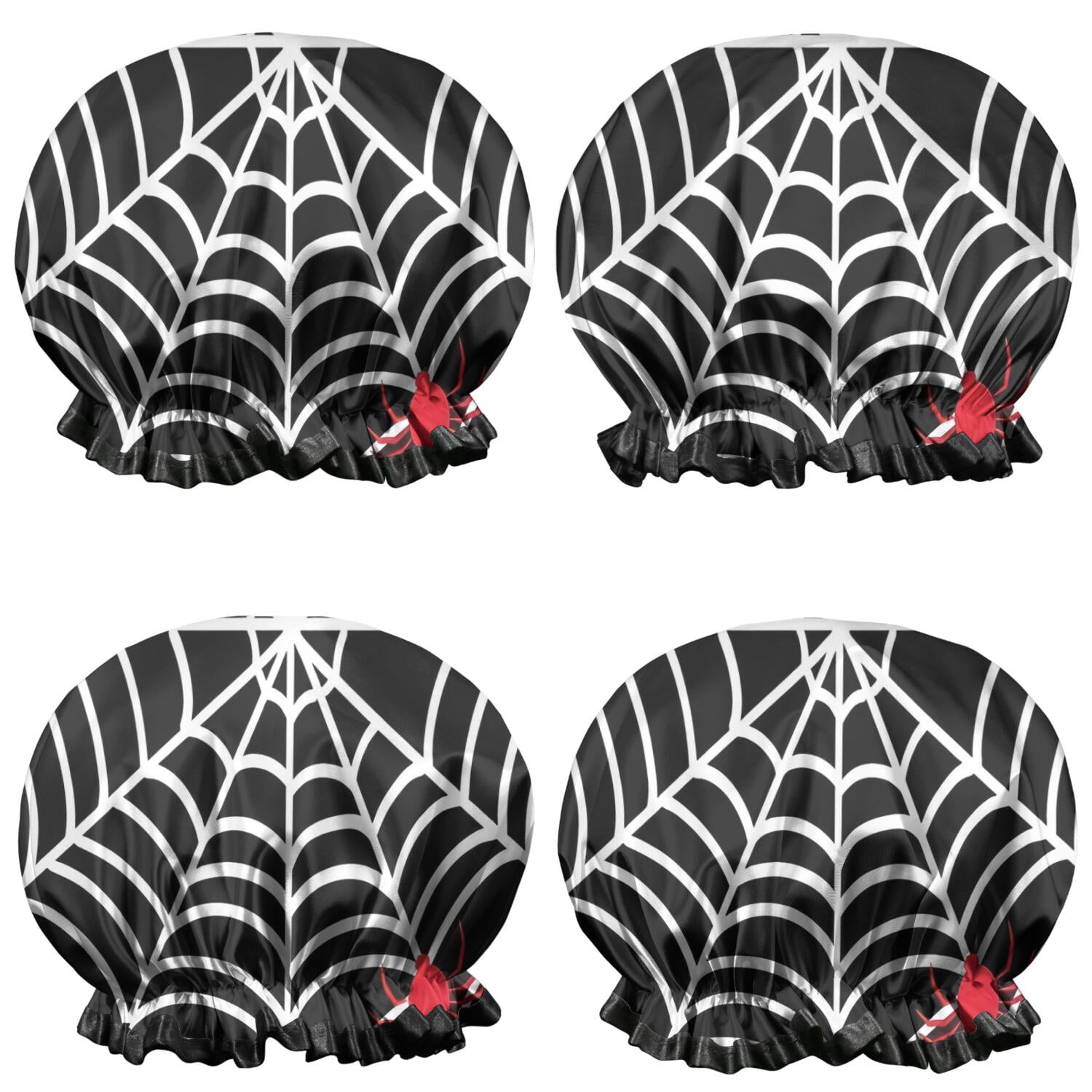 Shower Caps,Black Halloween Spider Webs Waterproof Shower Cap for Women 4 Pieces,Double Reusable Hair Cover for Shower PEVA Elastic Stretch Hem