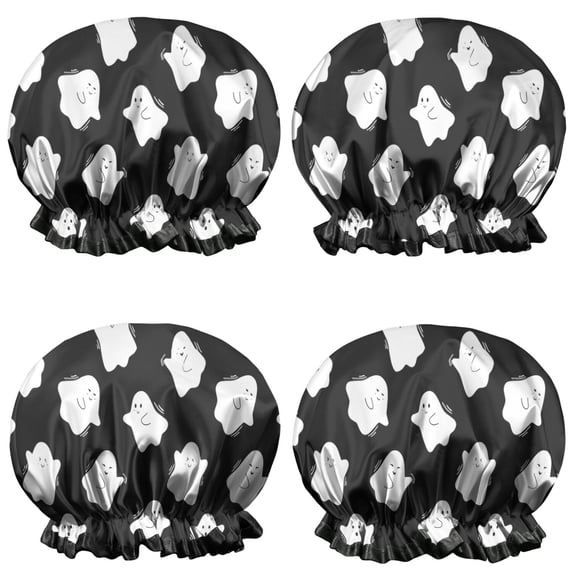 Shower Caps,Black Halloween White Ghosts Waterproof Shower Cap for Women 4 Pieces,Double Reusable Hair Cover for Shower PEVA Elastic Stretch Hem
