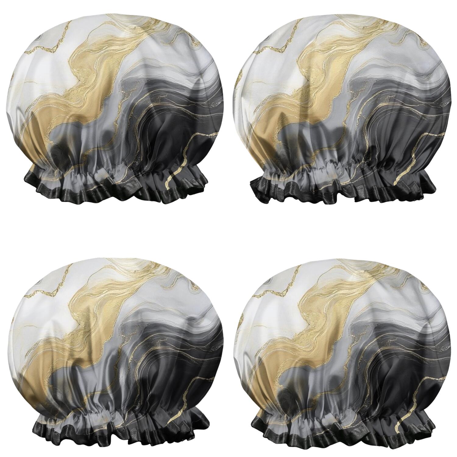 Shower Caps,Black Marble Gold Line Pattern Waterproof Shower Cap for Women 4 Pieces,Double Reusable Hair Cover for Shower PEVA Elastic Stretch Hem