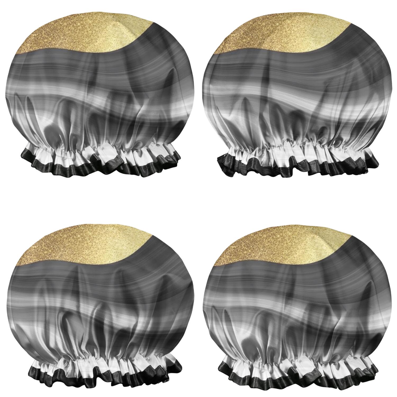 Shower Caps,Black Marble Gold Wave Pattern Waterproof Shower Cap for Women 4 Pieces,Double Reusable Hair Cover for Shower PEVA Elastic Stretch Hem