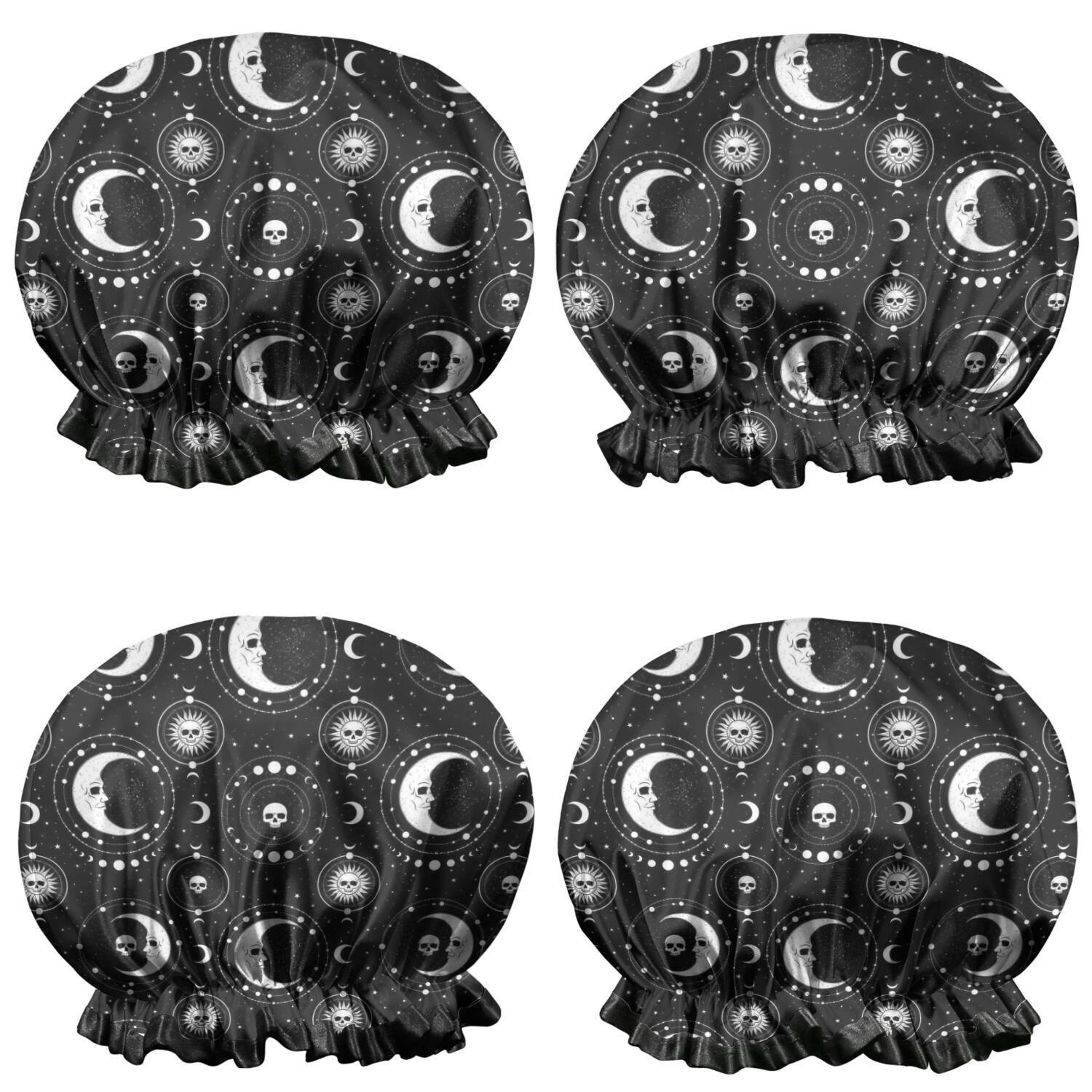Shower Caps,Black Moon Skull Pattern Waterproof Shower Cap for Women 4 Pieces,Double Reusable Hair Cover for Shower PEVA Elastic Stretch Hem