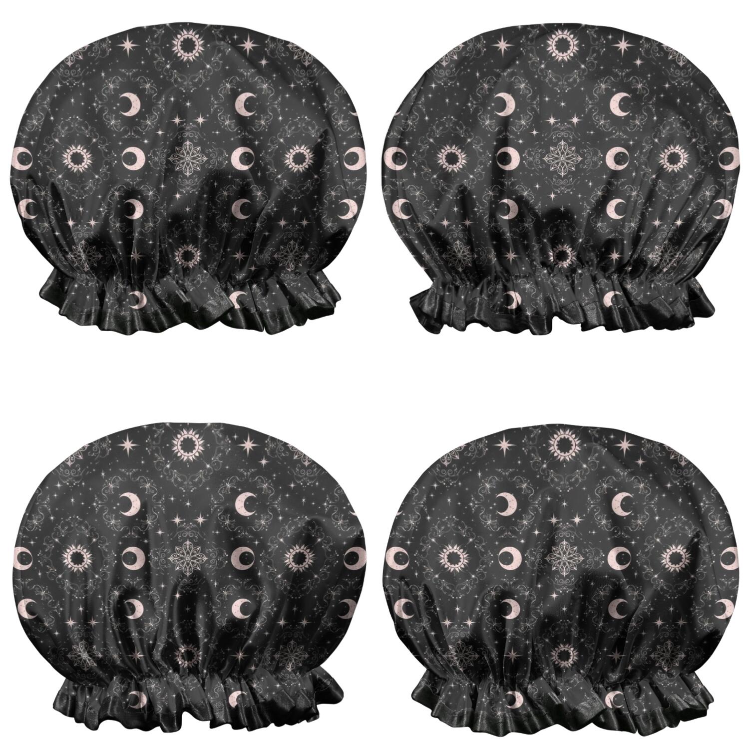 Shower Caps,Black Moon Star Pattern Waterproof Shower Cap for Women 4 Pieces,Double Reusable Hair Cover for Shower PEVA Elastic Stretch Hem