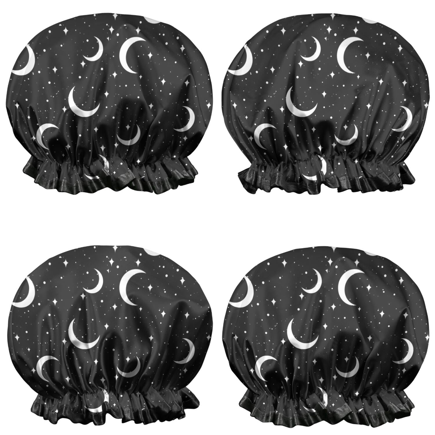 Shower Caps,Black Moon Star Pattern Waterproof Shower Cap for Women 4 Pieces,Double Reusable Hair Cover for Shower PEVA Elastic Stretch Hem