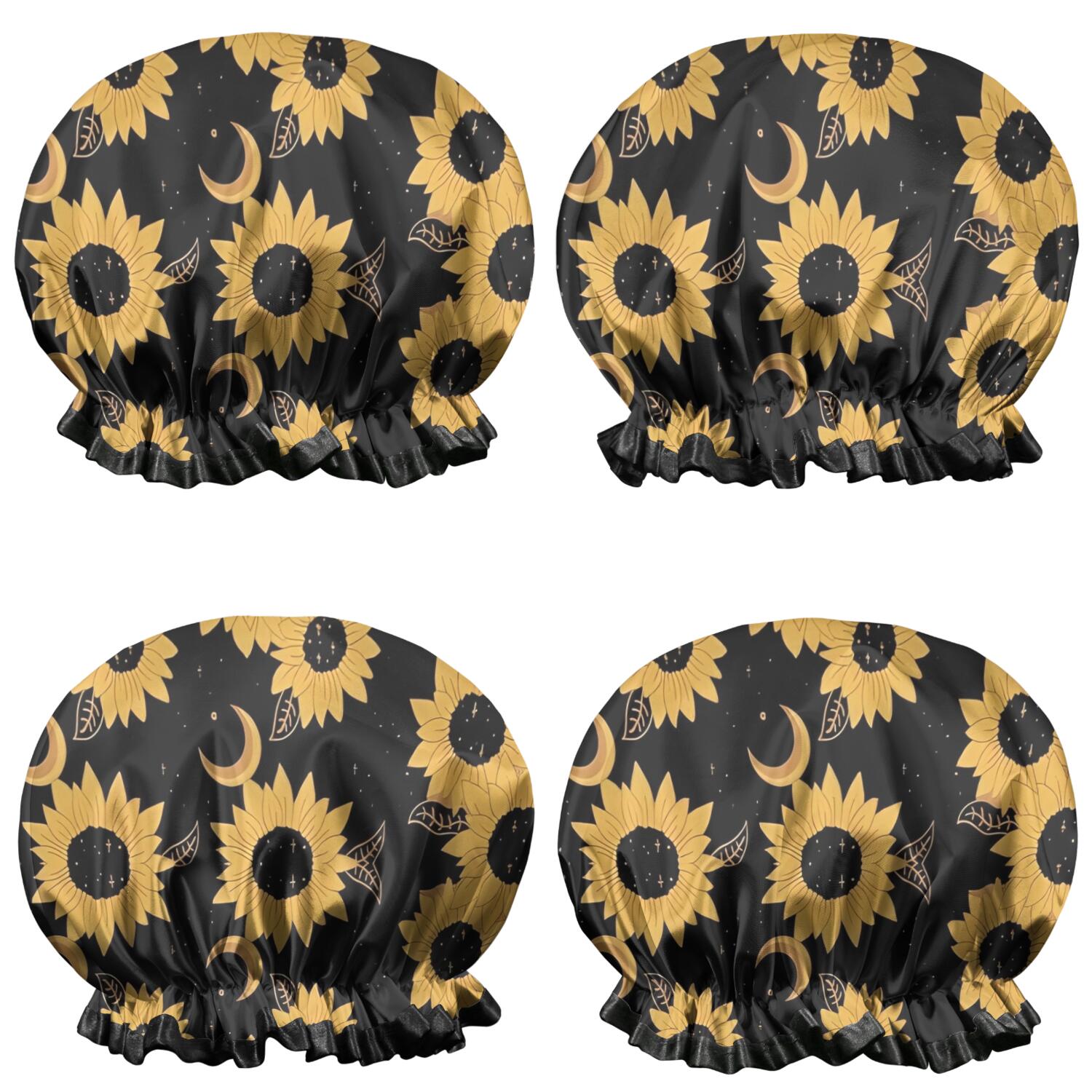 Shower Caps,Black Moon Sunflower Pattern Waterproof Shower Cap for Women 4 Pieces,Double Reusable Hair Cover for Shower PEVA Elastic Stretch Hem