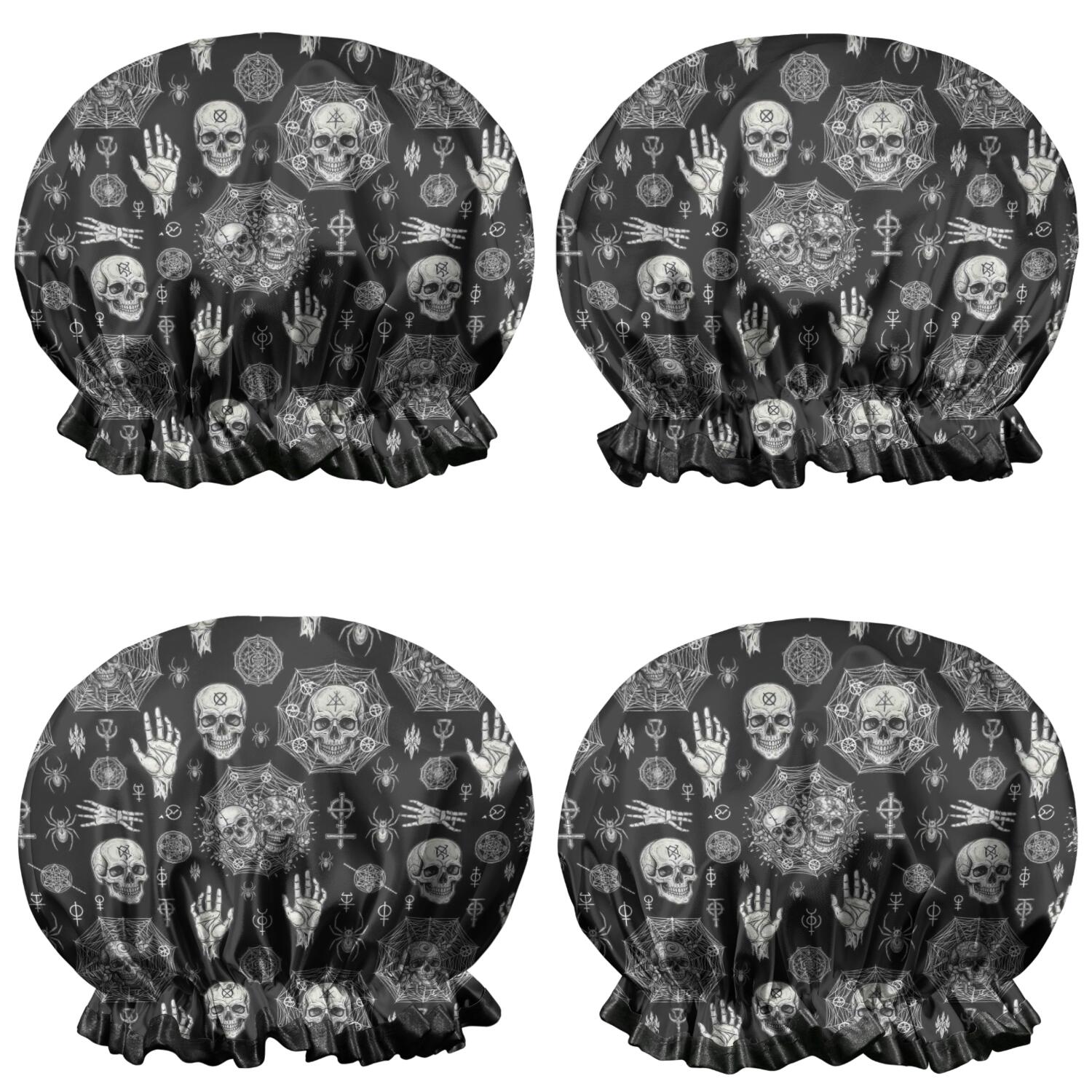 Shower Caps,Black Occult Symbol Pattern Waterproof Shower Cap for Women 4 Pieces,Double Reusable Hair Cover for Shower PEVA Elastic Stretch Hem