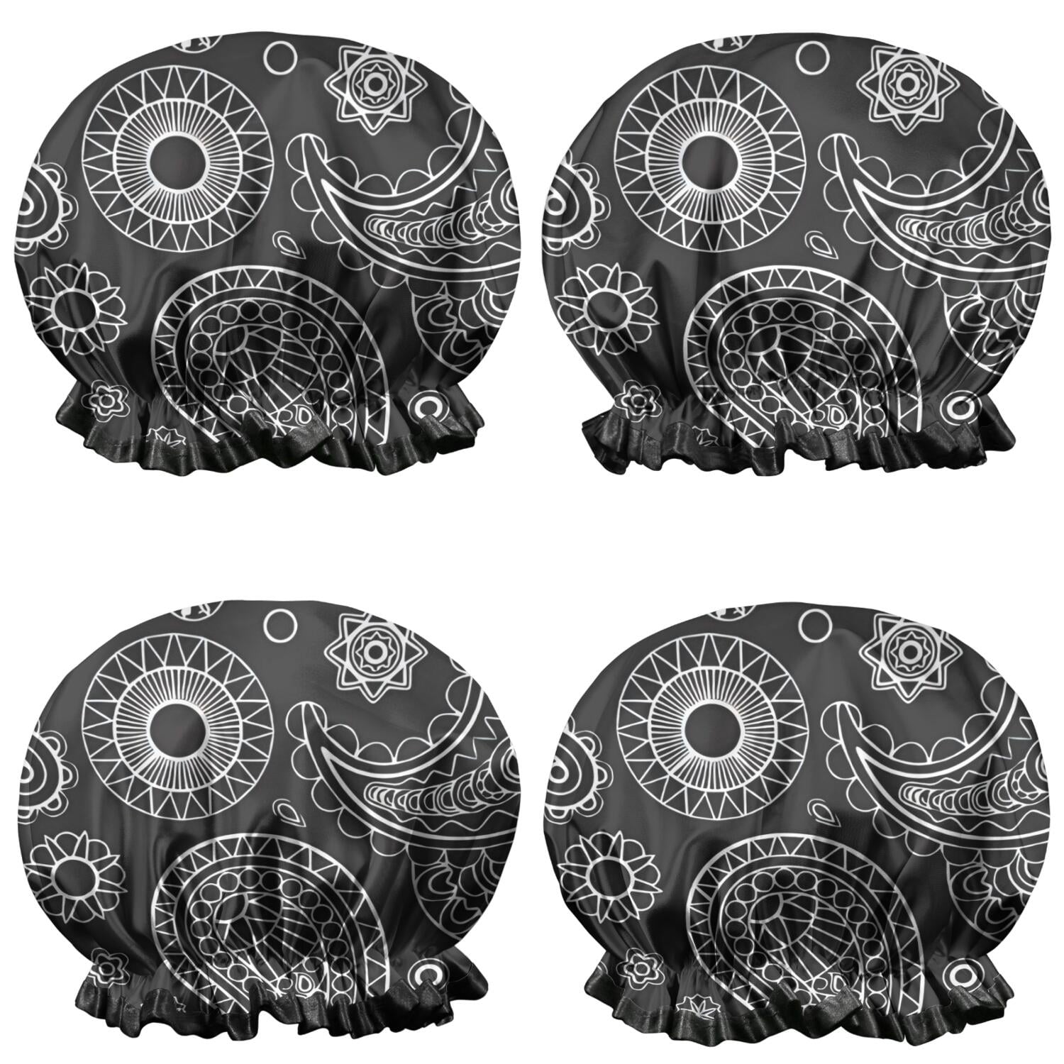 Shower Caps,Black Paisley Pattern Waterproof Shower Cap for Women 4 Pieces,Double Reusable Hair Cover for Shower PEVA Elastic Stretch Hem