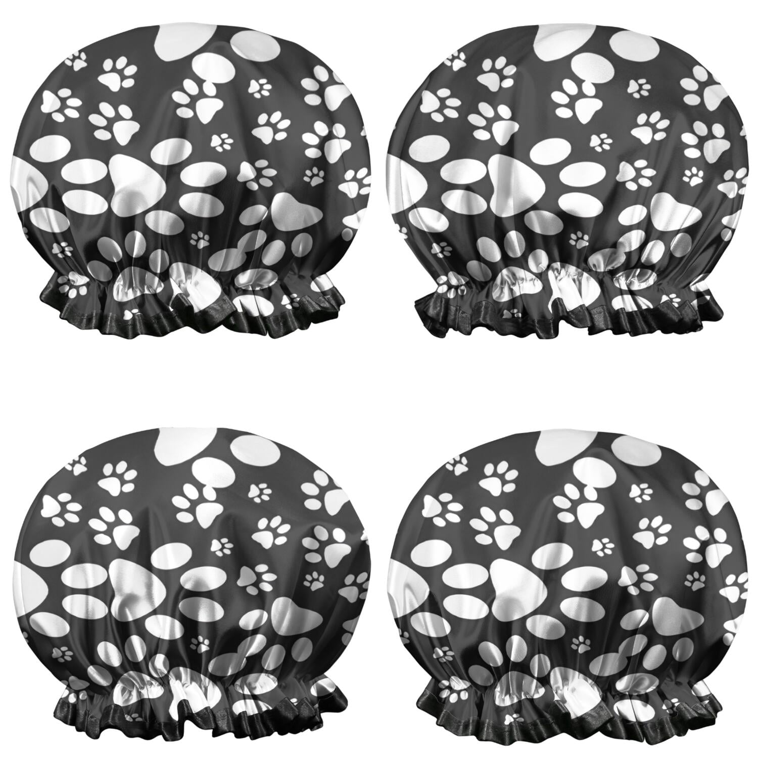 Shower Caps,Black Paw Waterproof Shower Cap for Women 4 Pieces,Double Reusable Hair Cover for Shower PEVA Elastic Stretch Hem