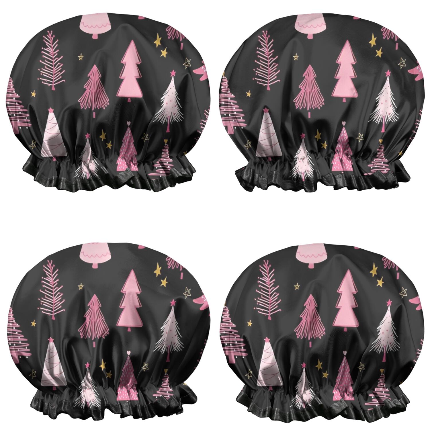 Shower Caps,Black and Pink Christmas Tree Pattern Waterproof Shower Cap for Women 4 Pieces,Double Reusable Hair Cover for Shower PEVA Elastic Stretch Hem
