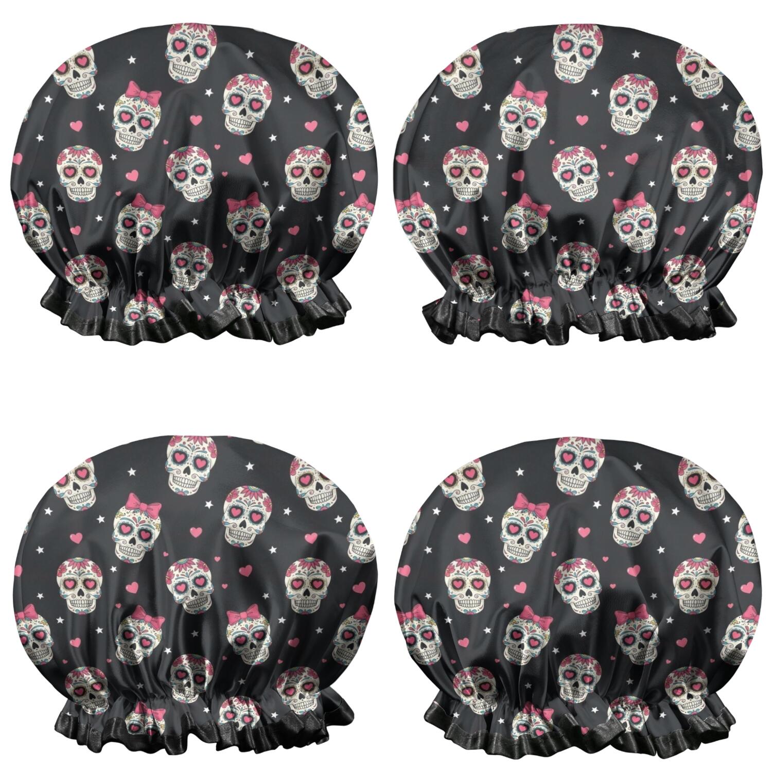 Shower Caps,Black Pink Skull Pattern Waterproof Shower Cap for Women 4 Pieces,Double Reusable Hair Cover for Shower PEVA Elastic Stretch Hem