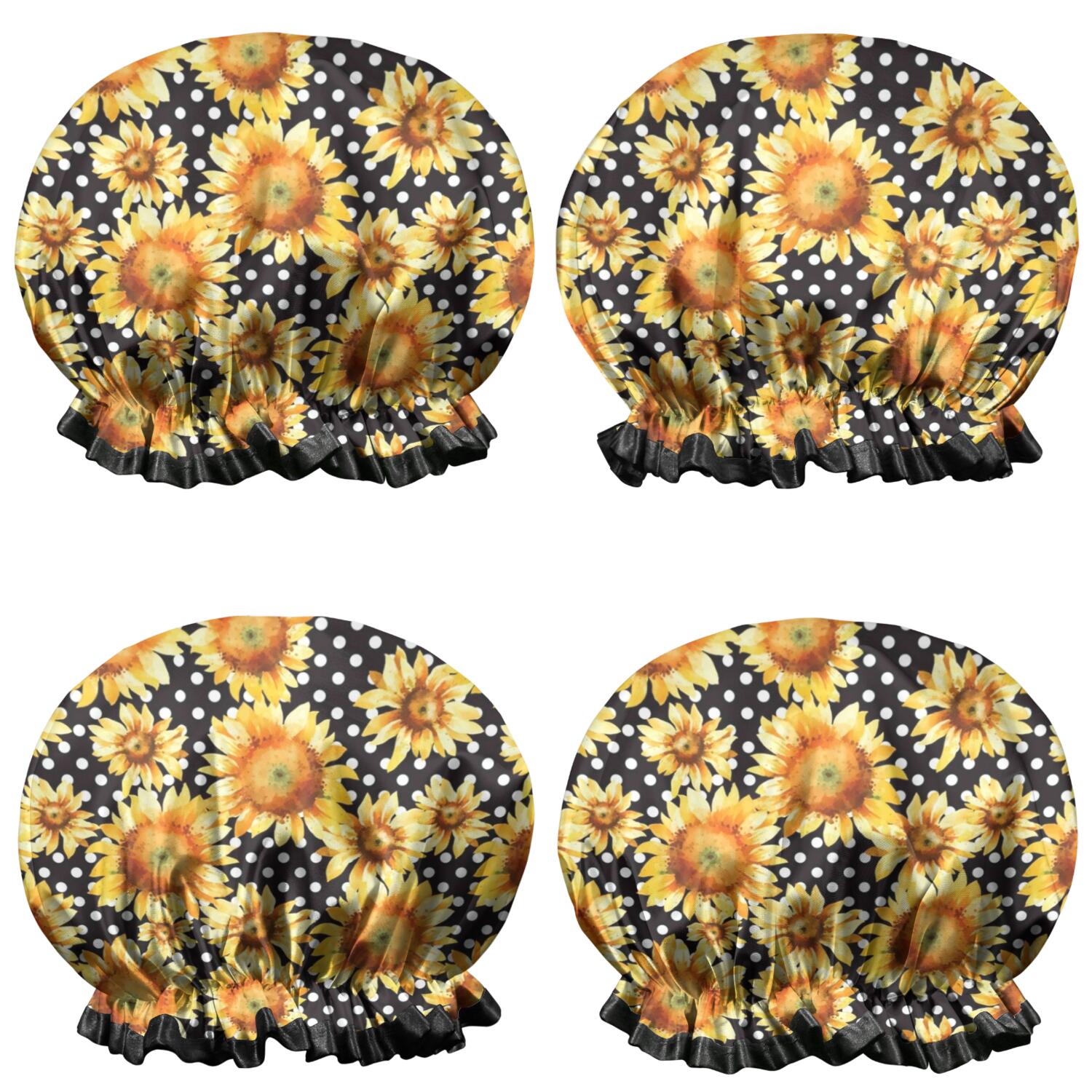 Shower Caps,Black Polka Dot Sunflower Pattern Waterproof Shower Cap for Women 4 Pieces,Double Reusable Hair Cover for Shower PEVA Elastic Stretch Hem