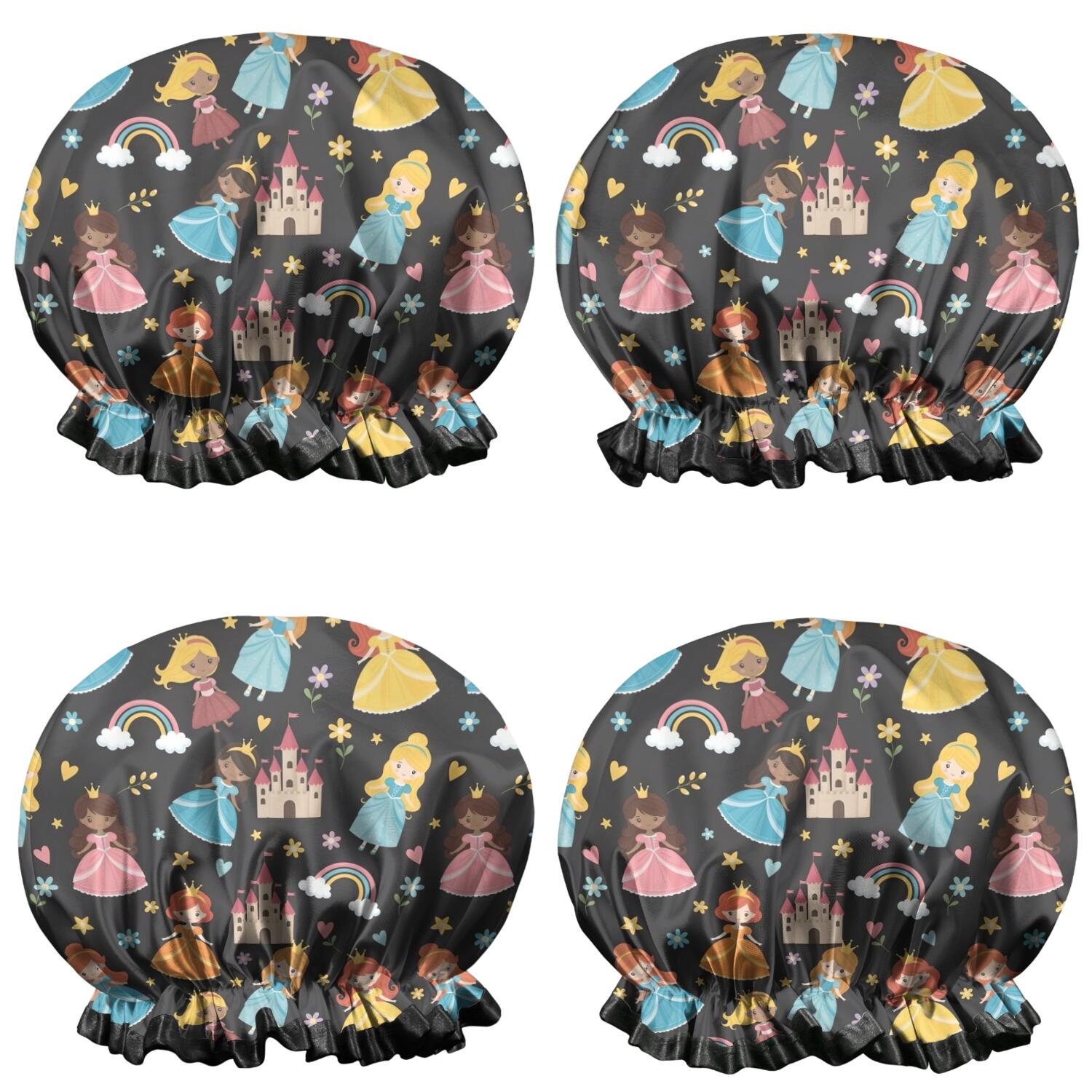 Shower Caps,Black Princess Castle Pattern Waterproof Shower Cap for Women 4 Pieces,Double Reusable Hair Cover for Shower PEVA Elastic Stretch Hem