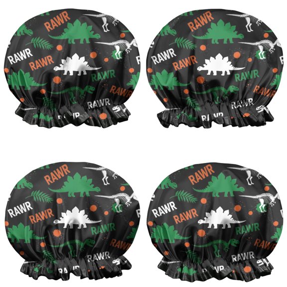 Shower Caps,Black Rawr Dinosaur Skeleton Pattern Waterproof Shower Cap for Women 4 Pieces,Double Reusable Hair Cover for Shower PEVA Elastic Stretch Hem