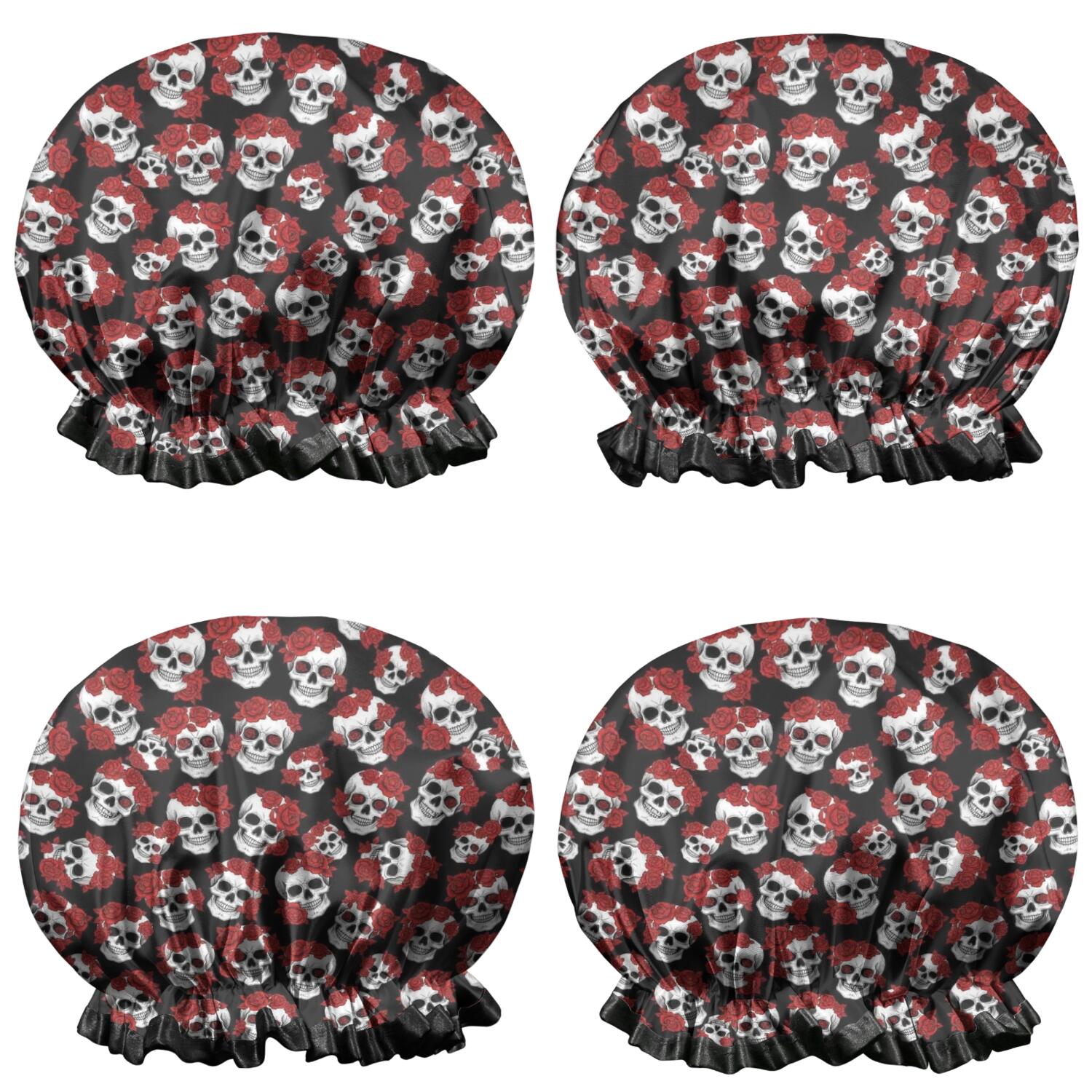 Shower Caps,Black Red Rose Skull Pattern Waterproof Shower Cap for Women 4 Pieces,Double Reusable Hair Cover for Shower PEVA Elastic Stretch Hem