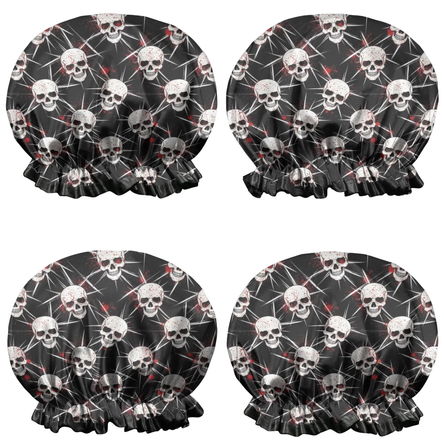 Shower Caps,Black Red Skull Burst Pattern Waterproof Shower Cap for Women 4 Pieces,Double Reusable Hair Cover for Shower PEVA Elastic Stretch Hem