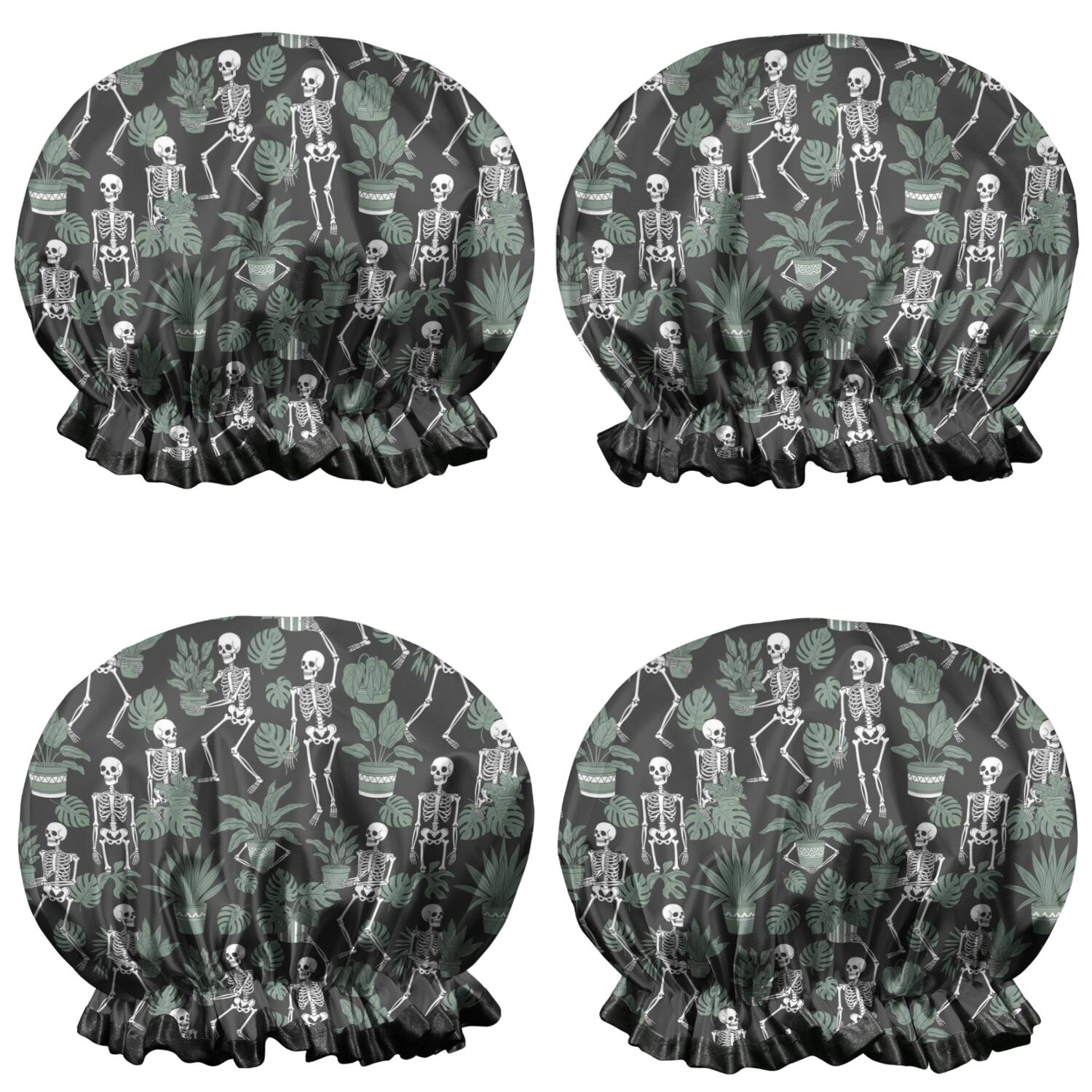Shower Caps,Black Skeleton Plant Pattern Waterproof Shower Cap for Women 4 Pieces,Double Reusable Hair Cover for Shower PEVA Elastic Stretch Hem