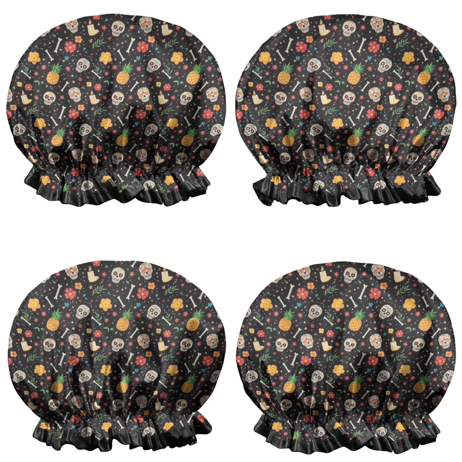 Shower Caps,Black Skull Pineapple Flower Pattern Waterproof Shower Cap for Women 4 Pieces,Double Reusable Hair Cover for Shower PEVA Elastic Stretch Hem