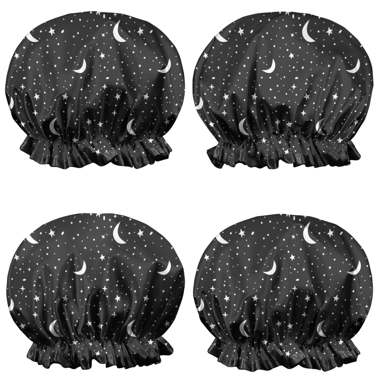 Shower Caps,Black Star Moon Pattern Waterproof Shower Cap for Women 4 Pieces,Double Reusable Hair Cover for Shower PEVA Elastic Stretch Hem