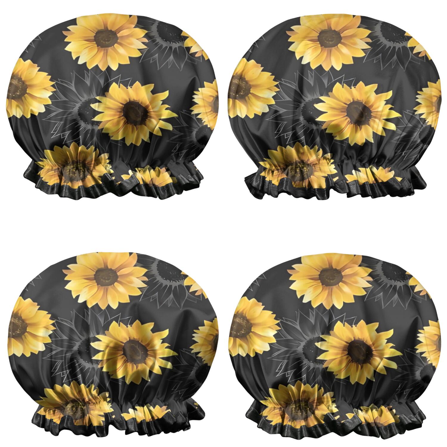 Shower Caps,Black Sunflower Gray Petal Pattern Waterproof Shower Cap for Women 4 Pieces,Double Reusable Hair Cover for Shower PEVA Elastic Stretch Hem