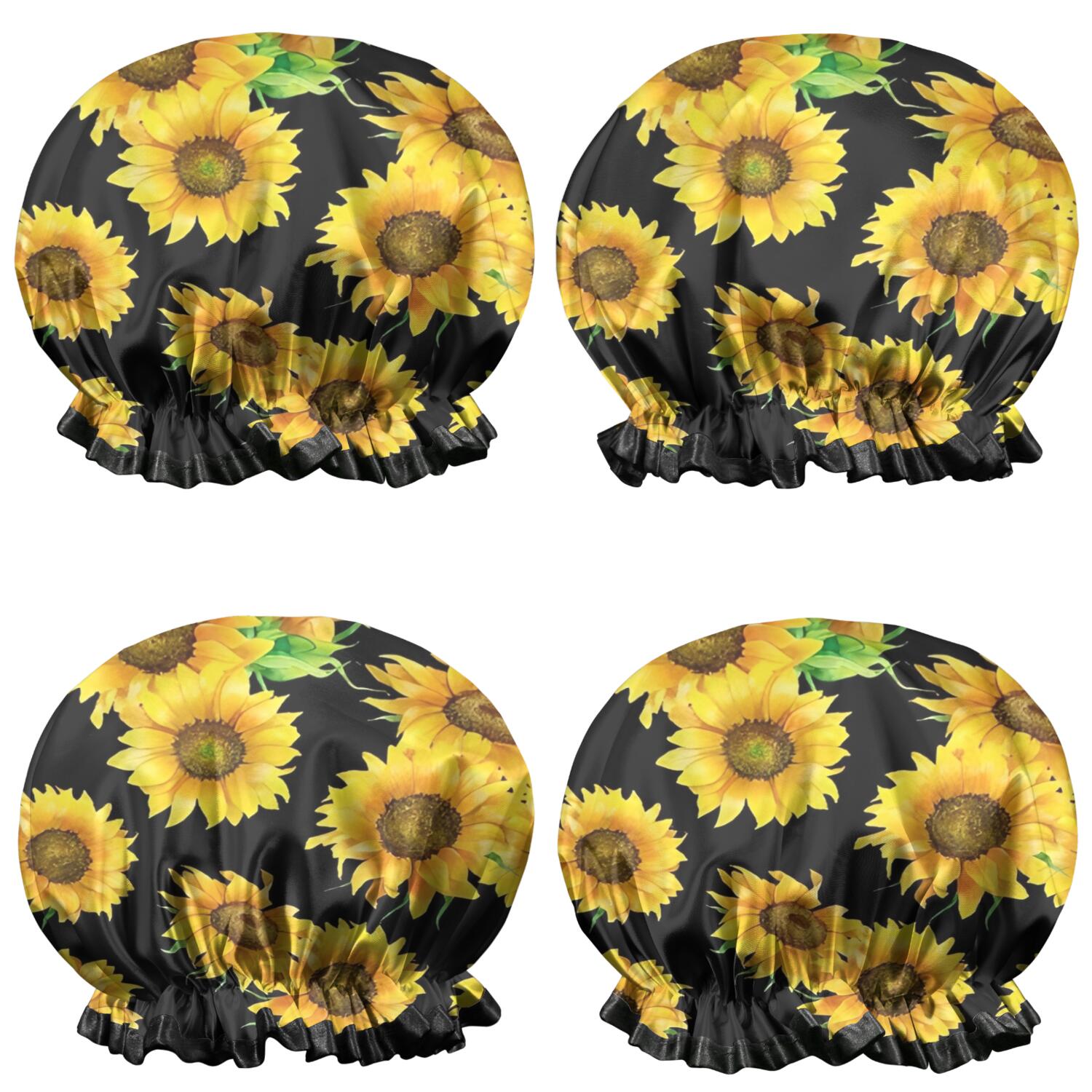 Shower Caps,Black Sunflower Green Leaf Pattern Waterproof Shower Cap for Women 4 Pieces,Double Reusable Hair Cover for Shower PEVA Elastic Stretch Hem