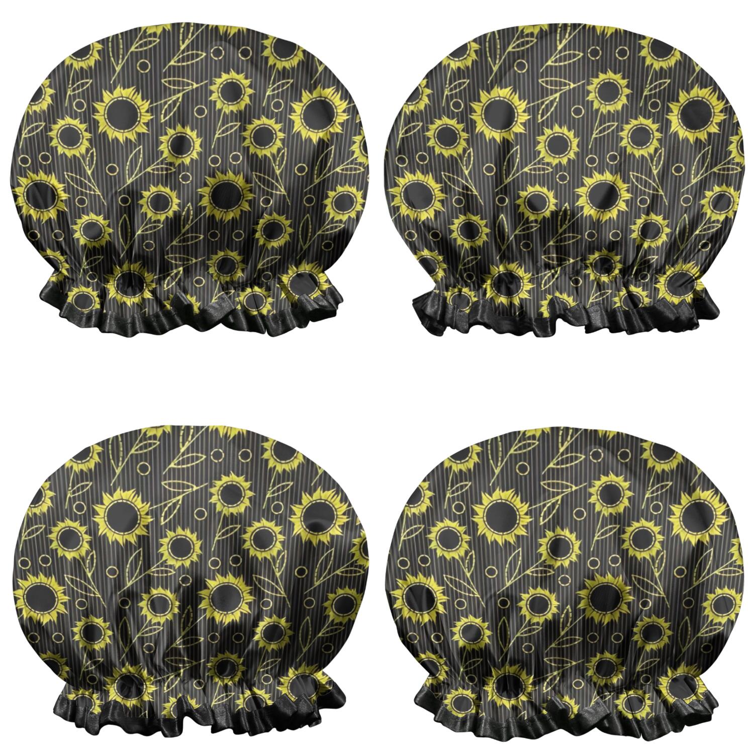 Shower Caps,Black Sunflower Leaf Pattern Waterproof Shower Cap for Women 4 Pieces,Double Reusable Hair Cover for Shower PEVA Elastic Stretch Hem