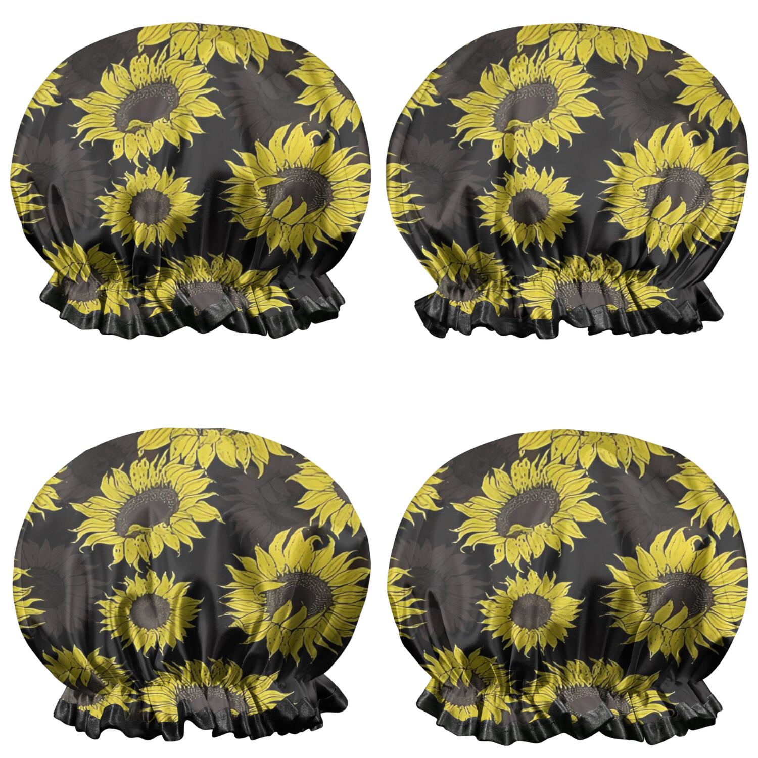 Shower Caps,Black Sunflower Pattern Waterproof Shower Cap for Women 4 Pieces,Double Reusable Hair Cover for Shower PEVA Elastic Stretch Hem